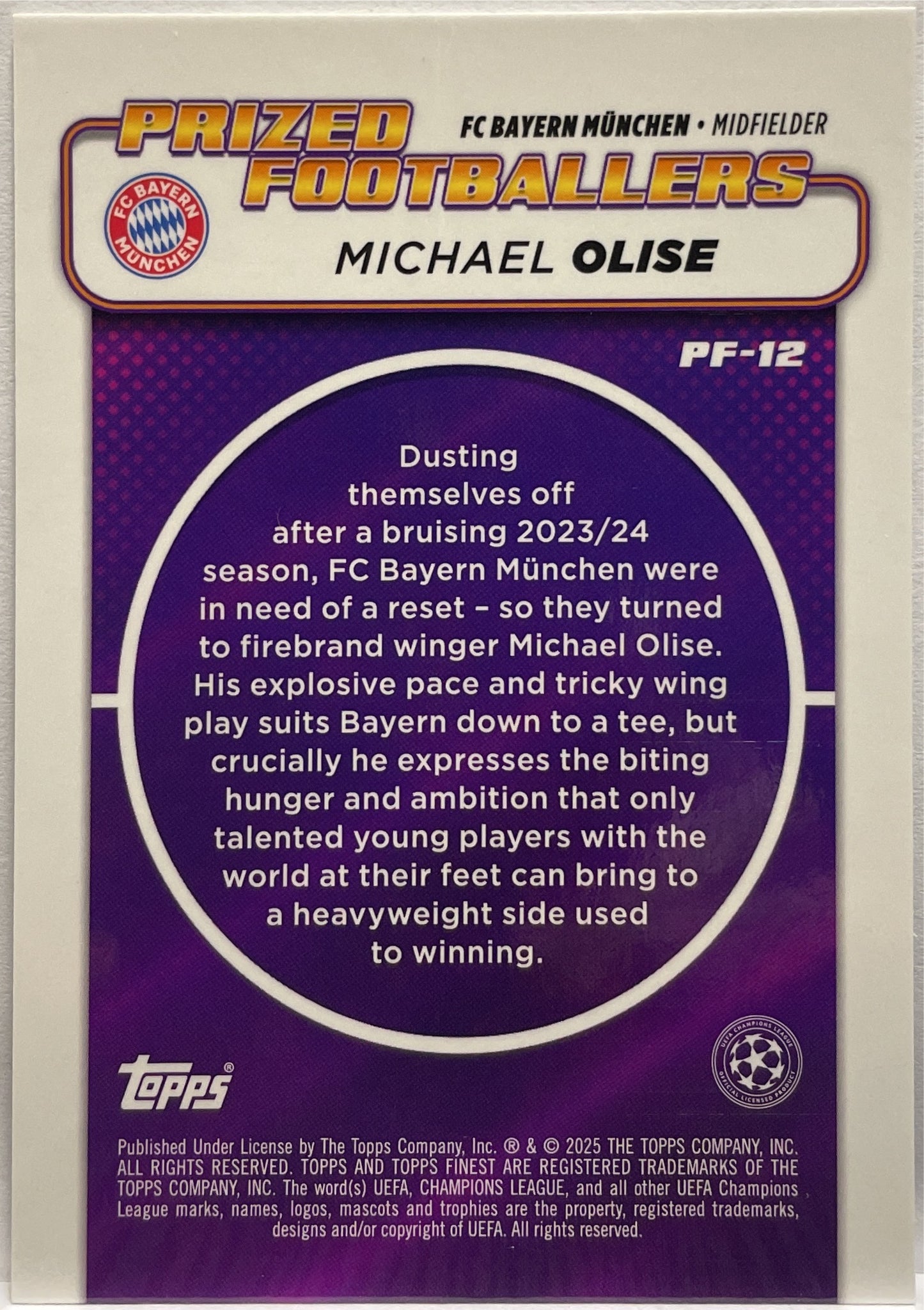 Michael olise 296/299 Prized Footballers Purple Topps Finest UCC 2024/25