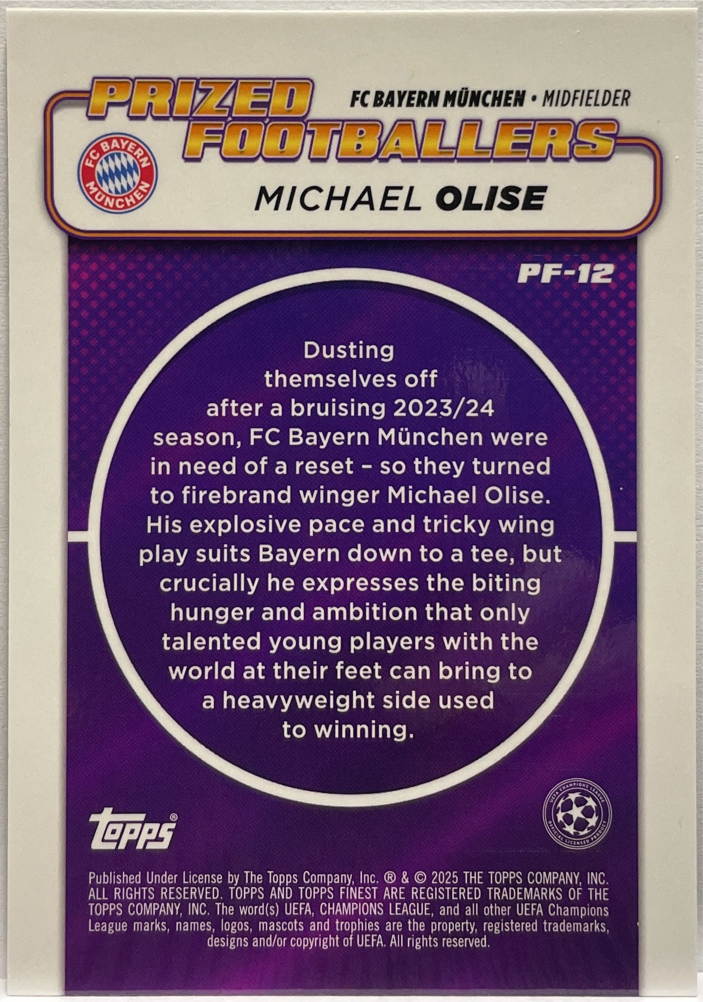 Michael Olise 54/299 Prized Footballers Purple Topps Finest UCC 2024/25