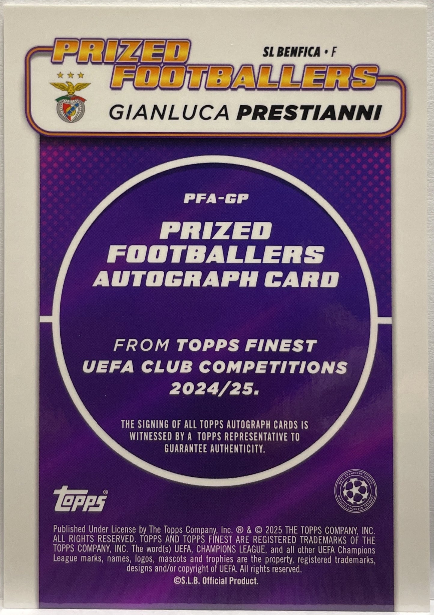 Gianluca Prestianni Rookie Autograph Prized Footballers Topps Finest UCC 2024/25