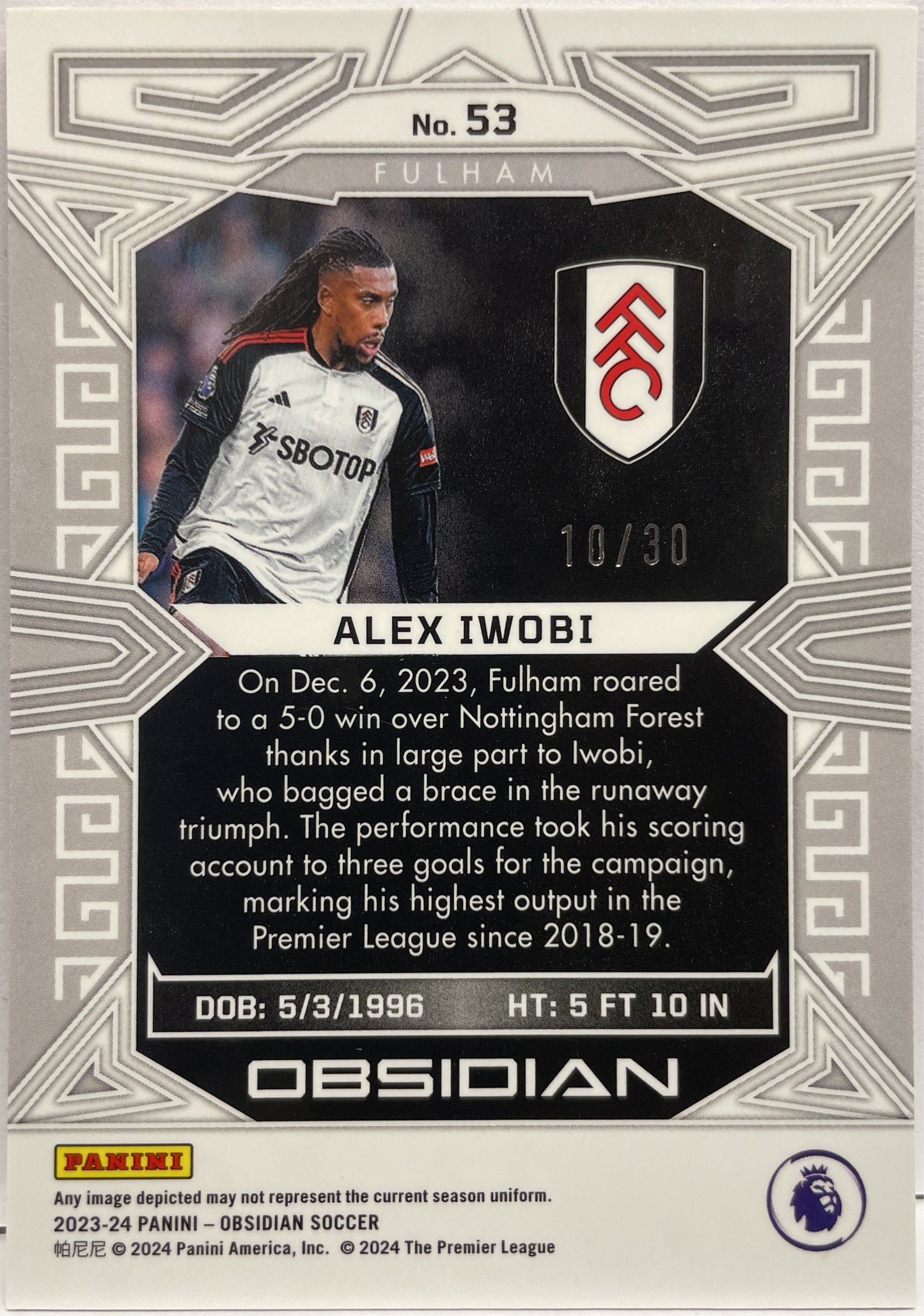 Alex Iwobi 10/30 Red Crystals Electric Etch Obsidian 2023/24
