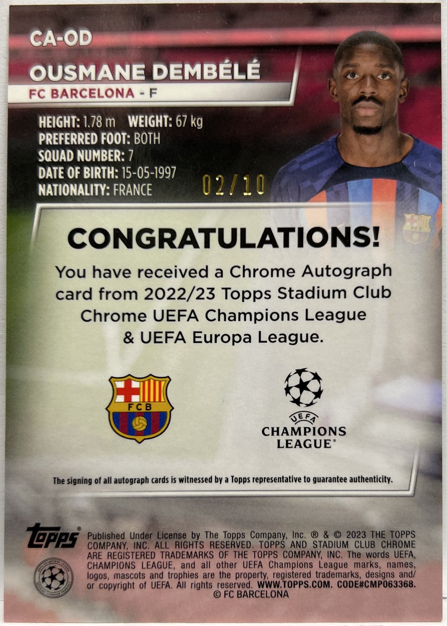 Ousmane Dembele 2/10 Autograph Black Topps Stadium Chrome 2022/23