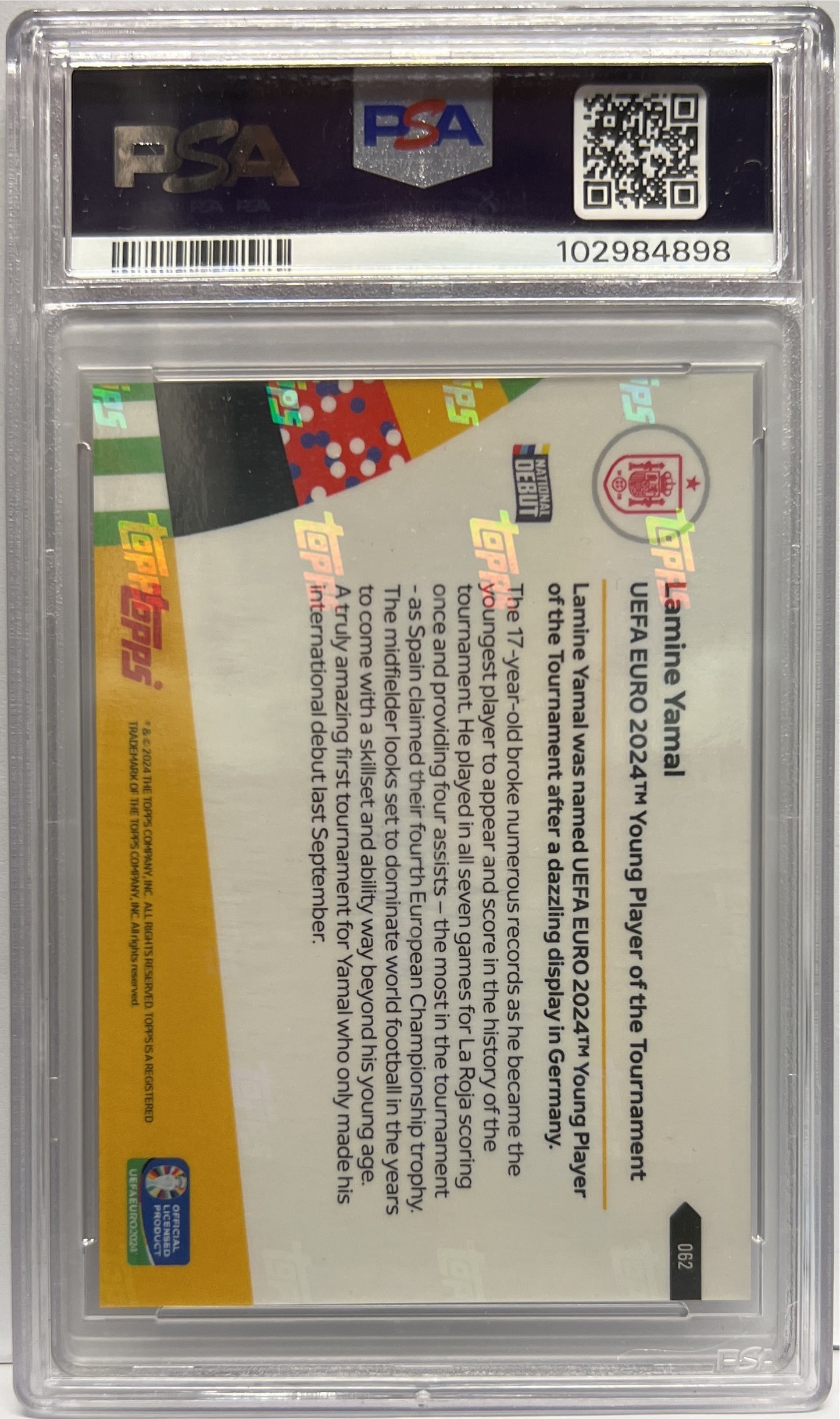 Lamine Yamal 8/25 National Debut Purple Foil Topps Now 2024 PSA 10
