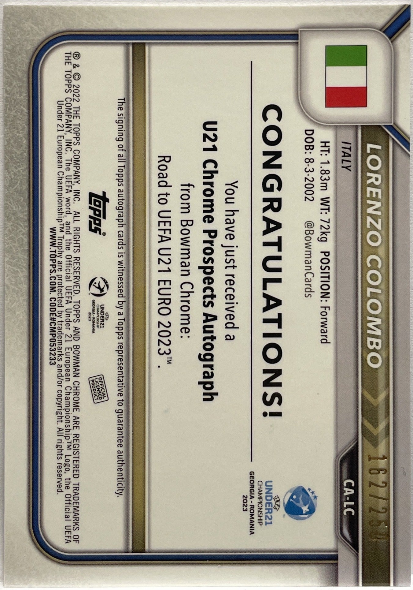 Lorenzo Colombo 162/250 Autograph 1ST Bowman Purple Topps Uefa U21 2023