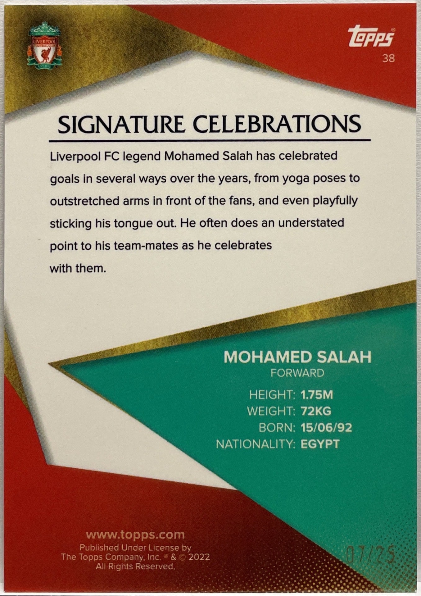 Mohamed Salah 7/25 Signature Celebrations Orange Topps Liverpool Team Set 2021/22