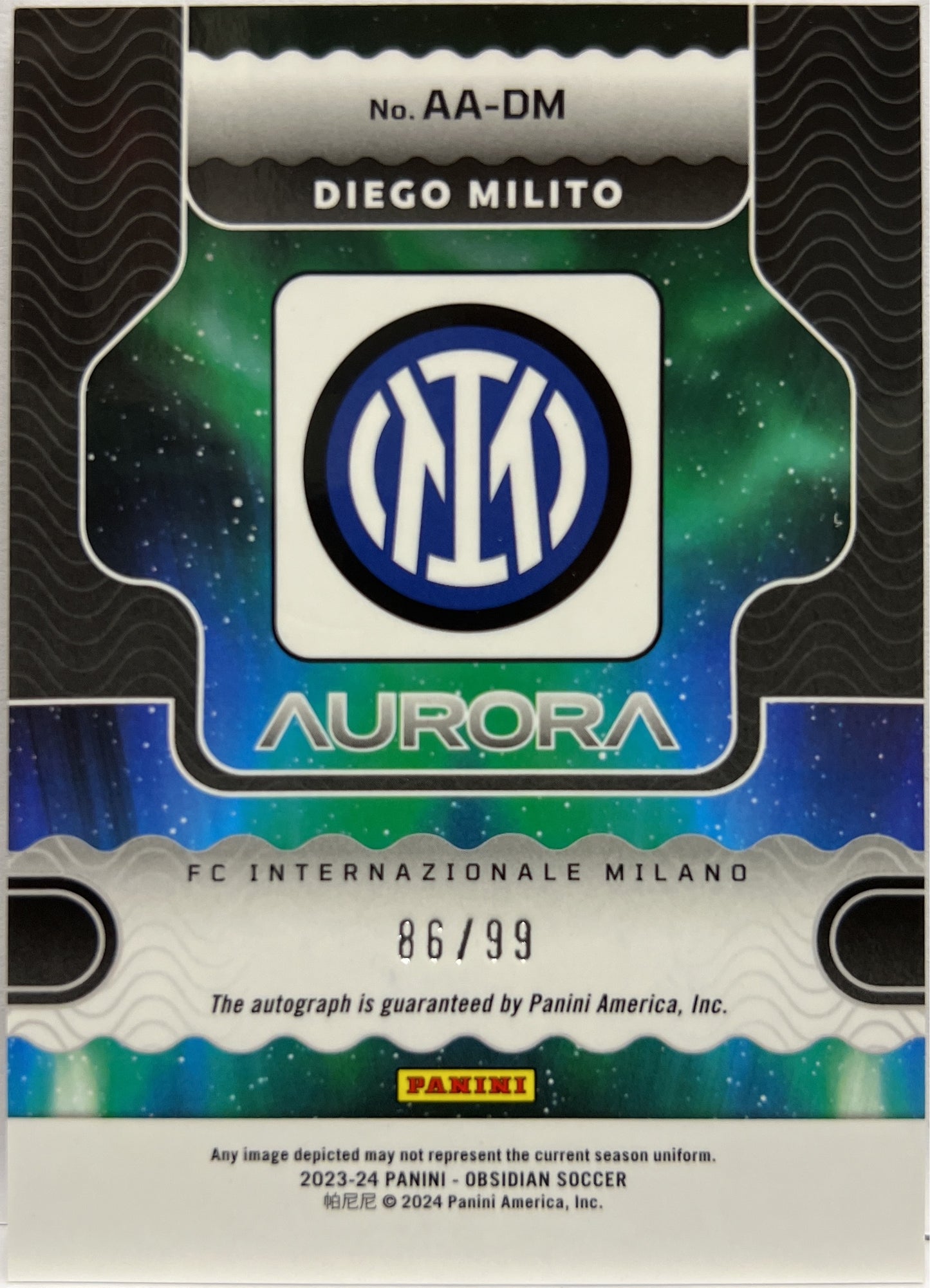 Diego Milito 86/99 Autograph Aurora Obsidian 2023/24
