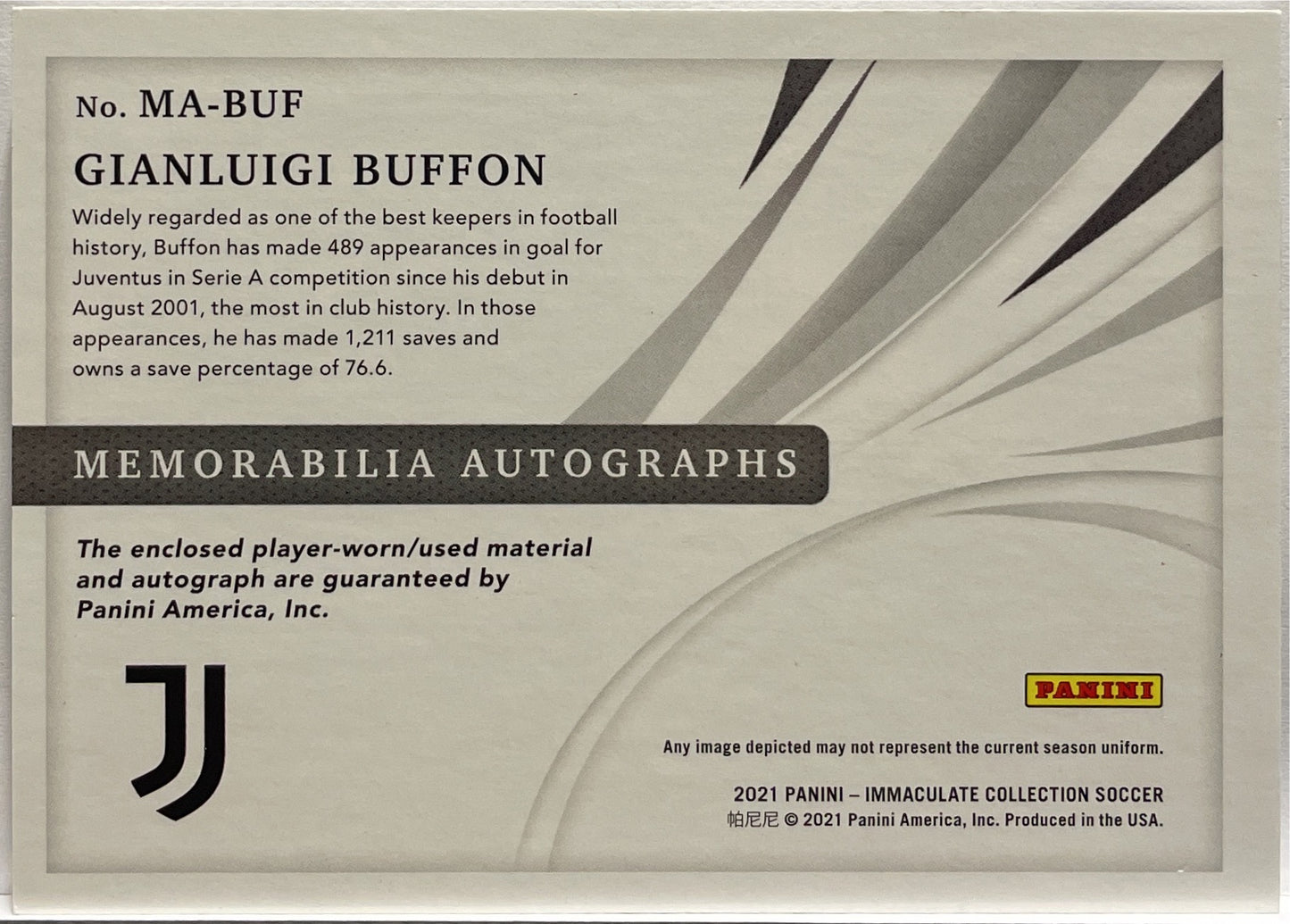 Gianluigi Buffon 15/20 Player-Worn Patch Autograph Material Panini Immaculate 2021
