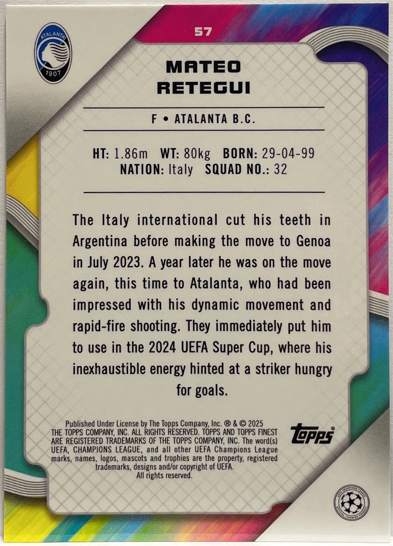 Mateo Retegui 258/299 Purple Topps Finest UCC 2024/25