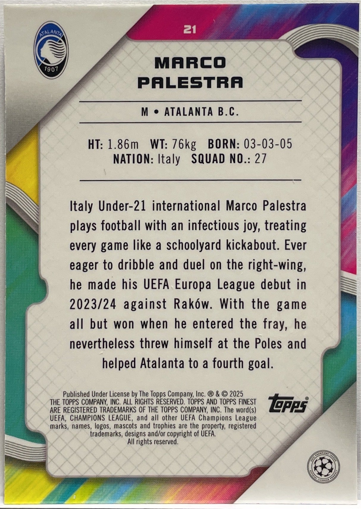 Marco Palestra 90/99 Green Topps Finest UCC 2024/25