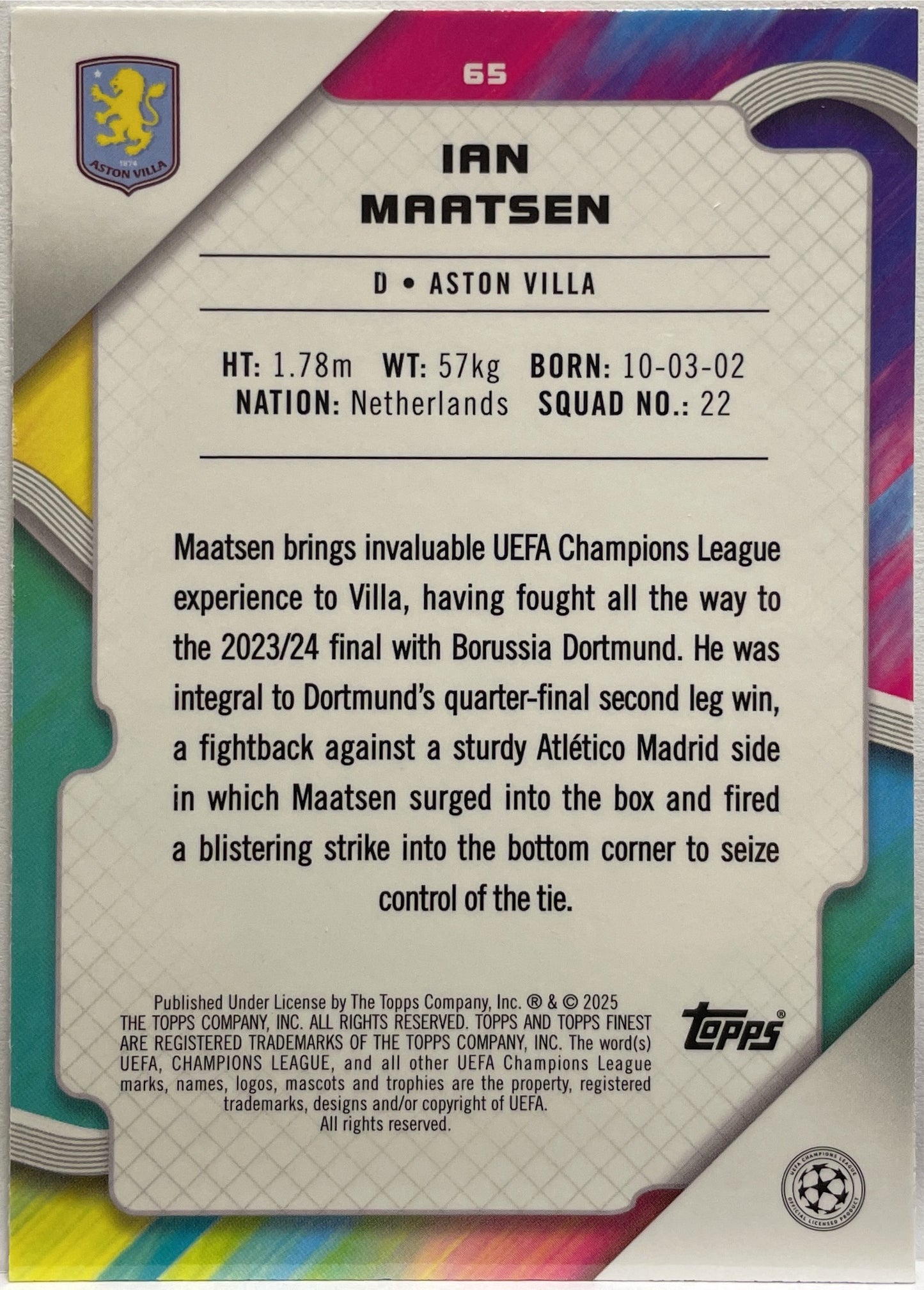 Ian Maatsen 5/250 Pink RayWave Topps Finest UCC 2024/25