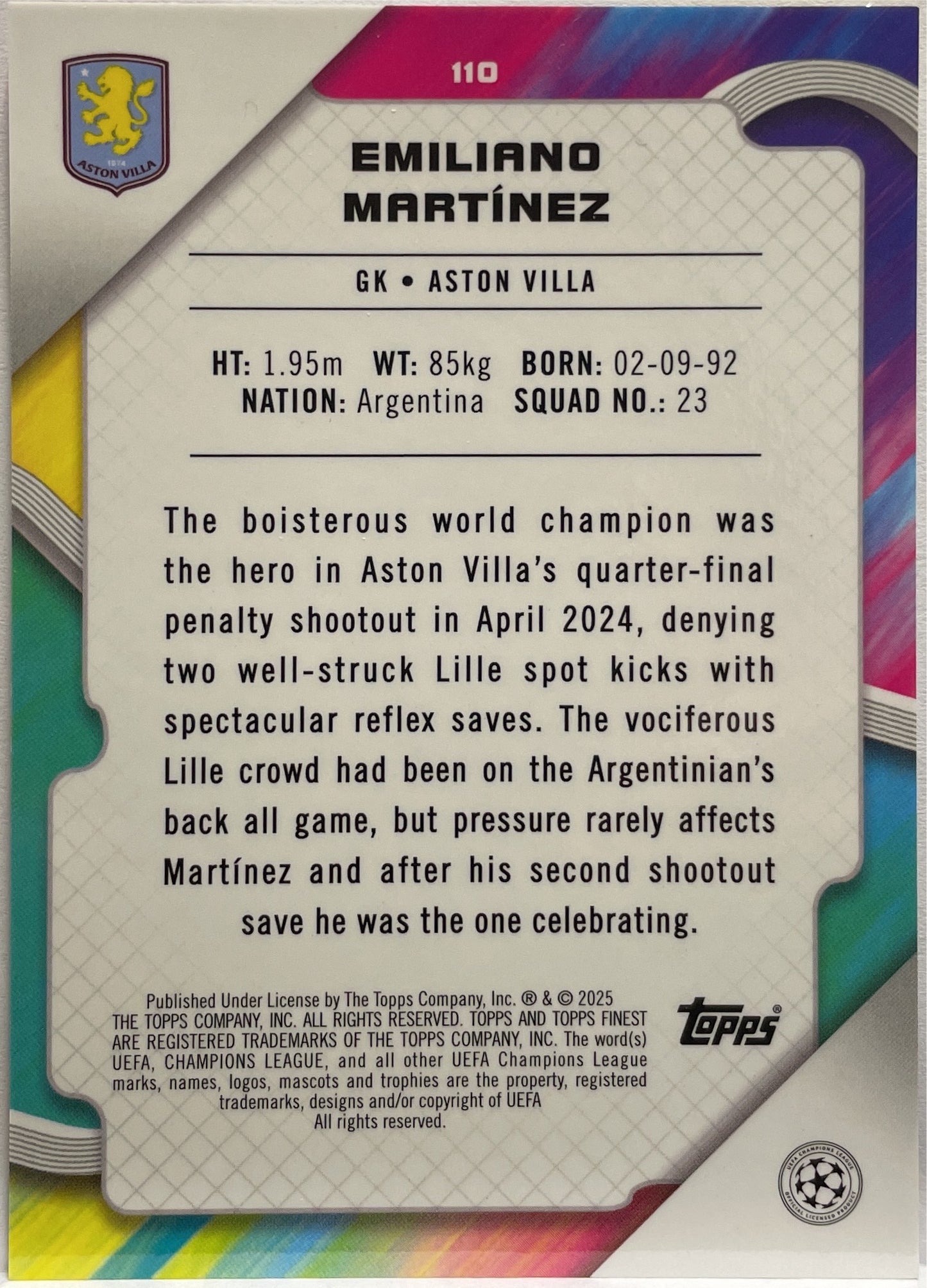 Emiliano Martinez 43/125 Pink Prism Topps Finest UCC 2024/25