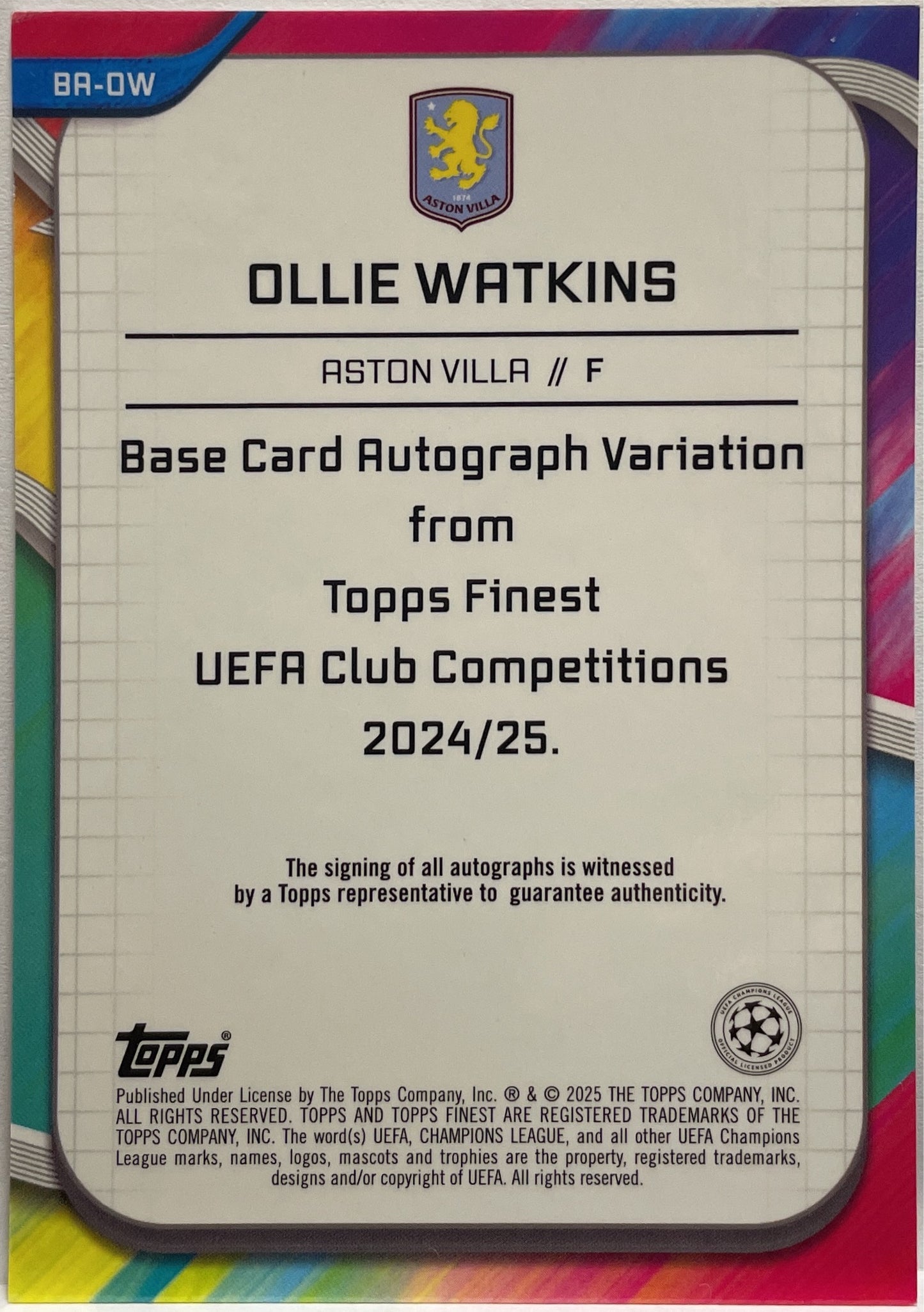 Ollie Watkins 256/299 Autograph Purple Topps Finest UCC 2024/25