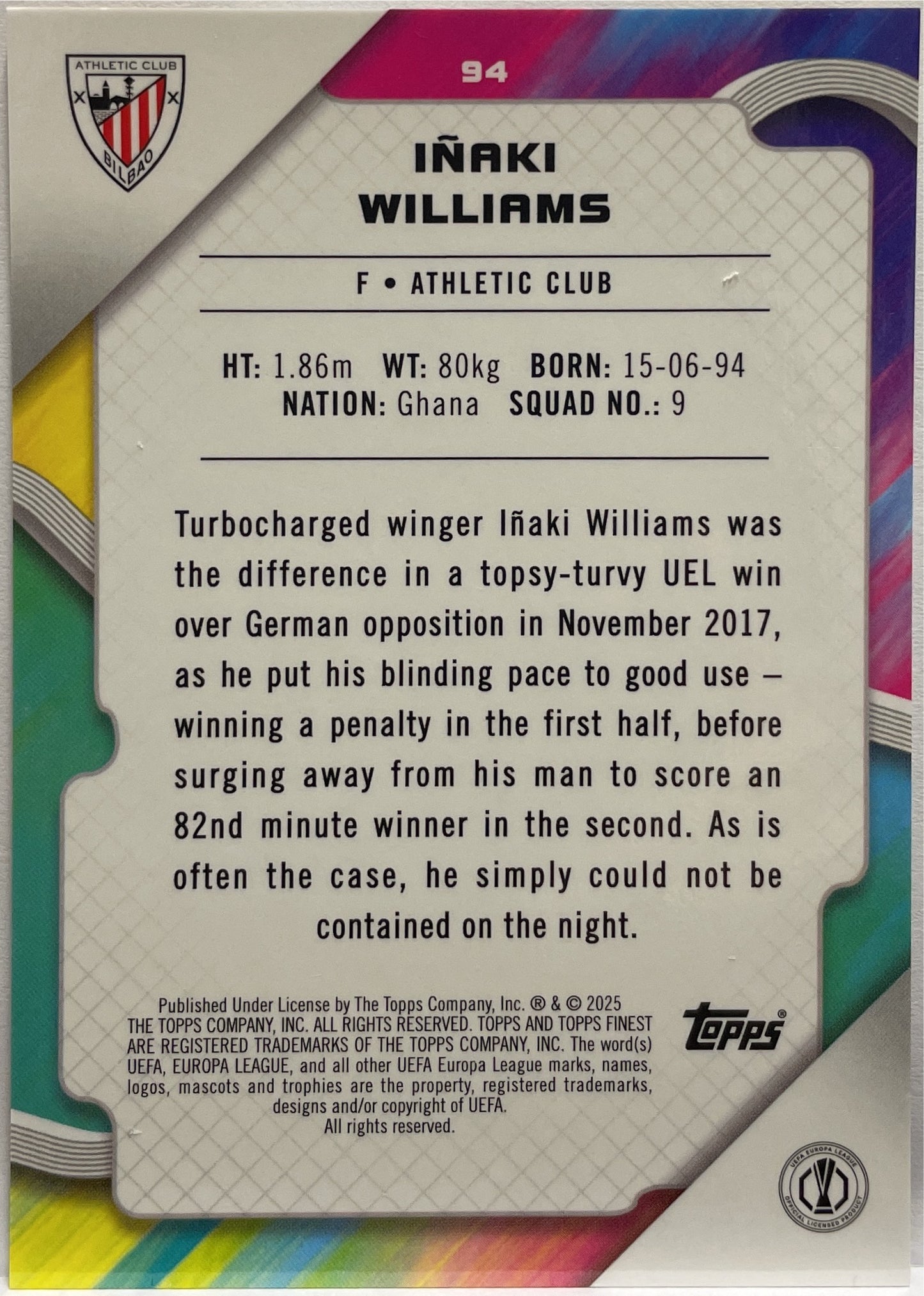 Inaki Williams 17/25 Orange Topps Finest UCC 2024/25