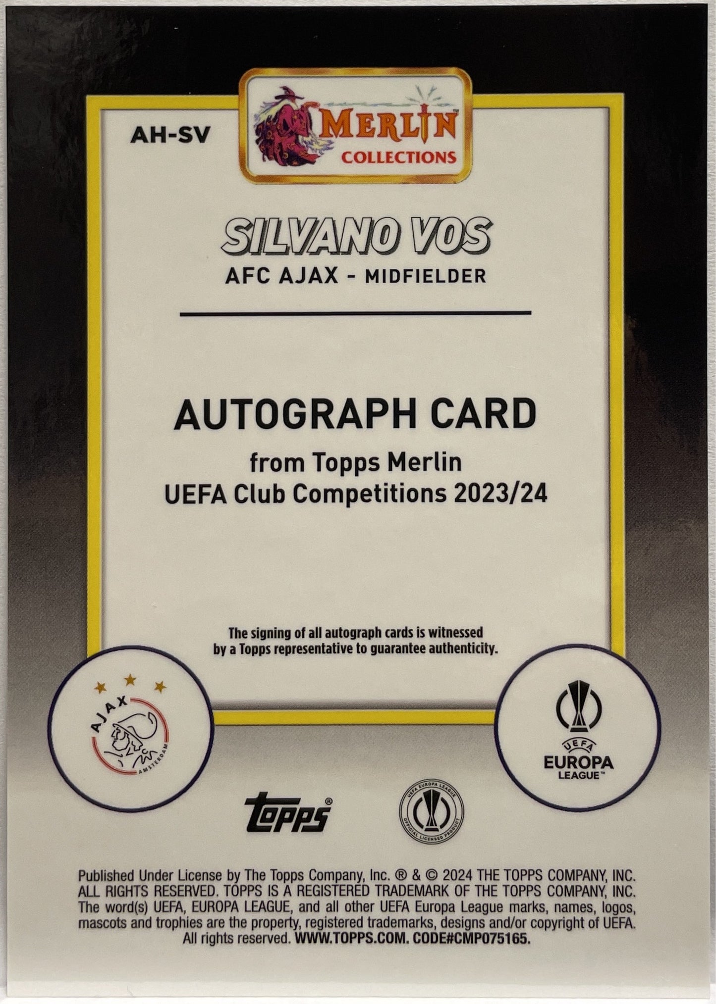 Silvano Vos Rookie Autograph Topps Chrome Merlin 2023/24