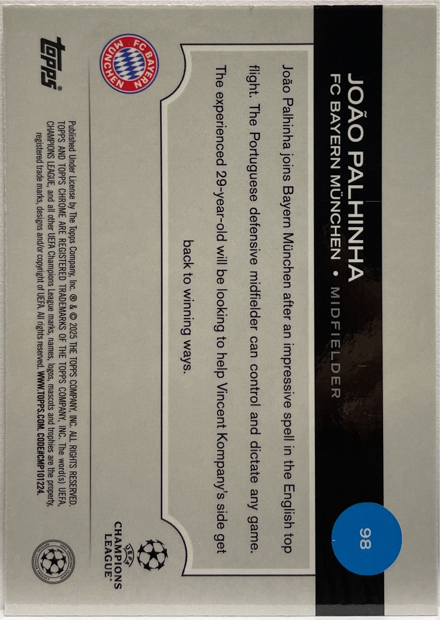 Joao Palhinha 10/250 Pink Topps Chrome UCC 2024/25