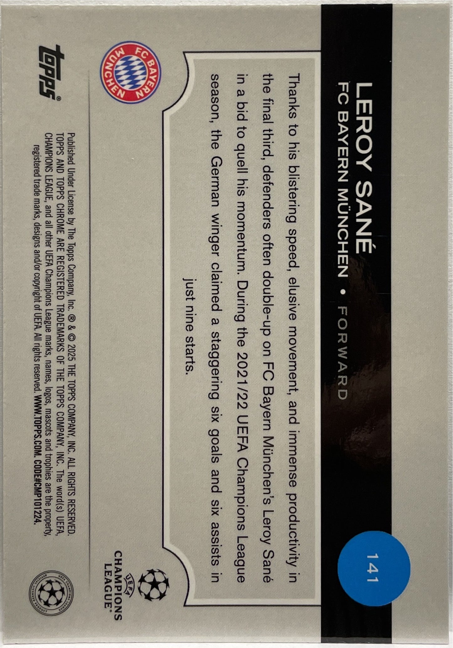 Leroy Sane 26/199 Aqua Lava Topps Chrome UCC 2024/25