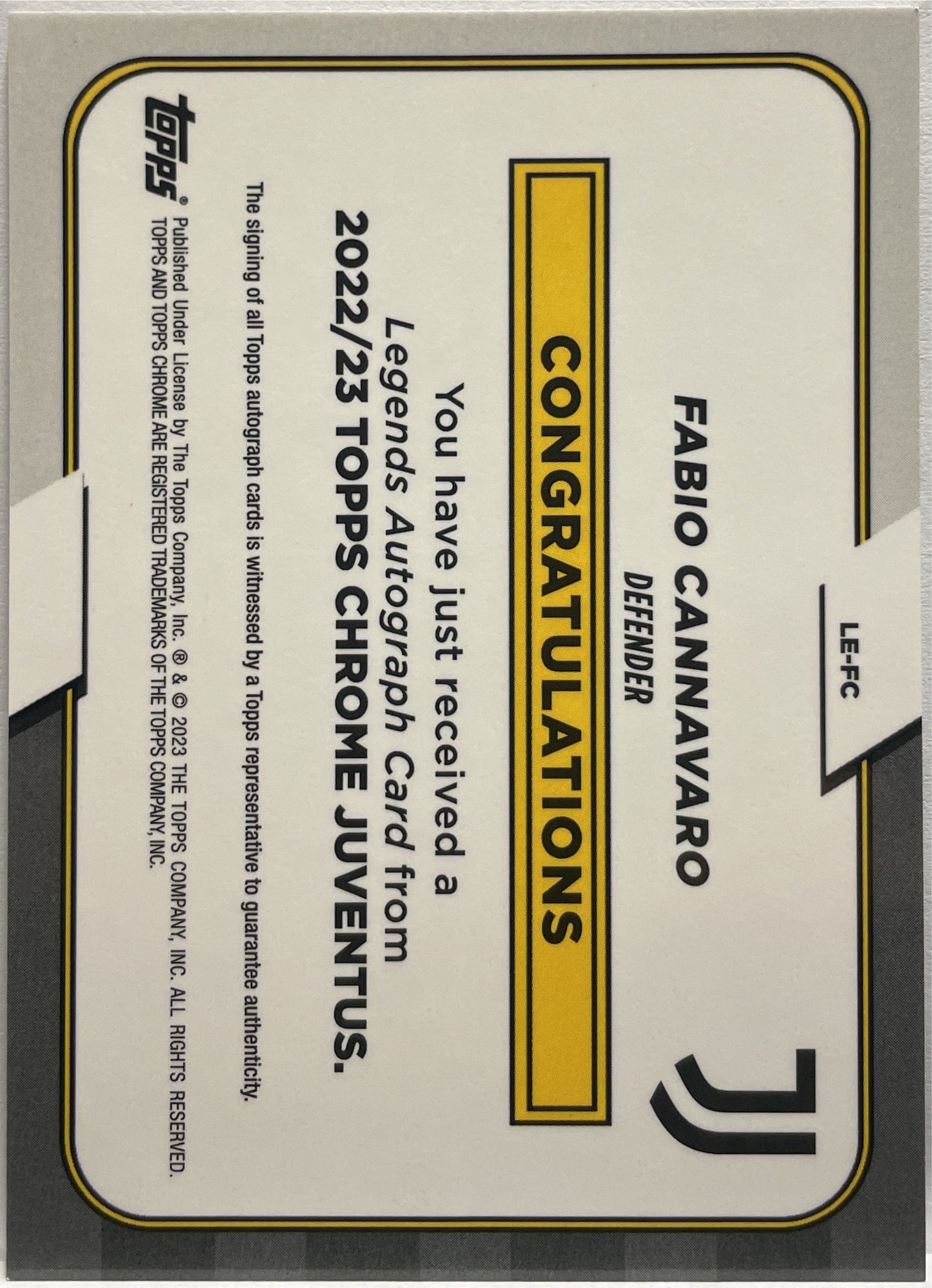 Fabio Cannavaro Autograph Topps Chrome Juventus 2022/23