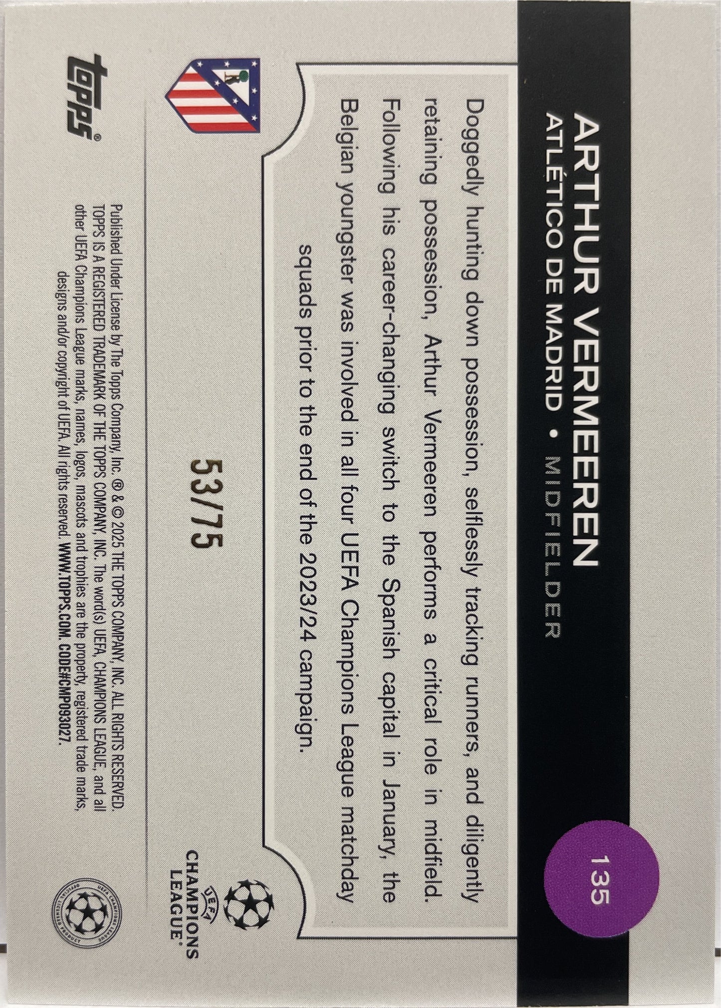 Arthur Vermeeren 53/75 Future Stars Topps UCC 2024/25