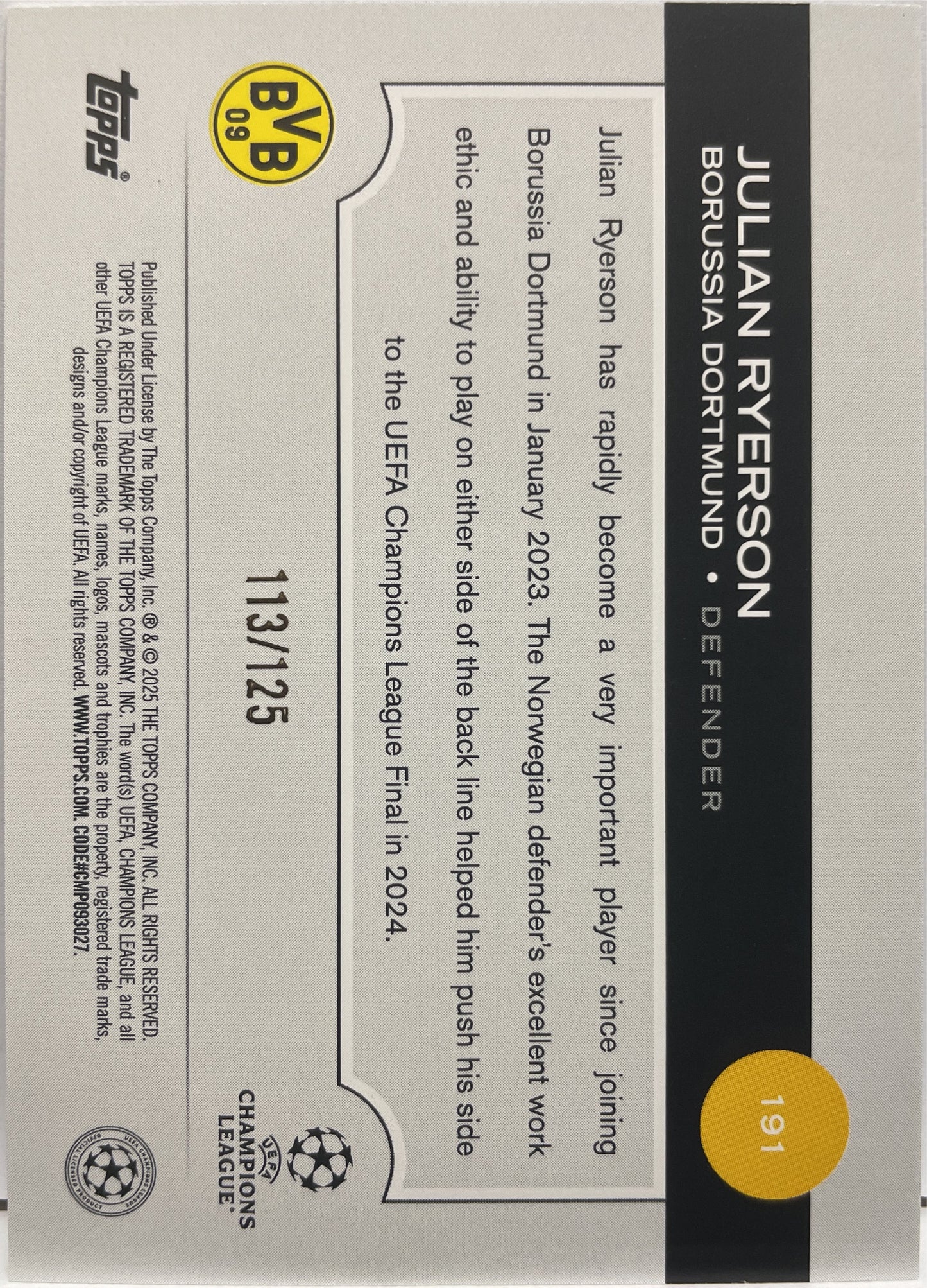 Julian Ryerson 113/125 Blue Topps UCC 2024/25