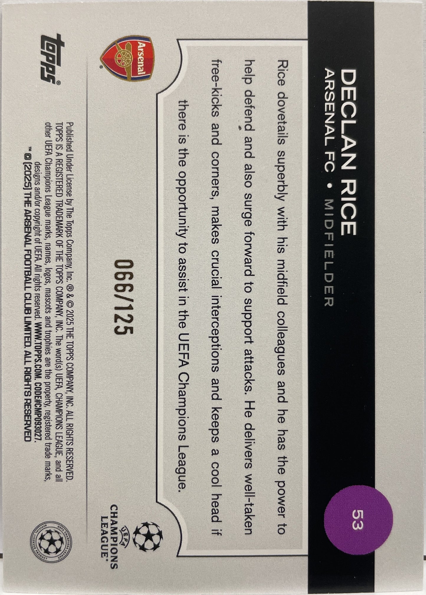 Declan Rice 66/125 Blue Topps UCC 2024/25