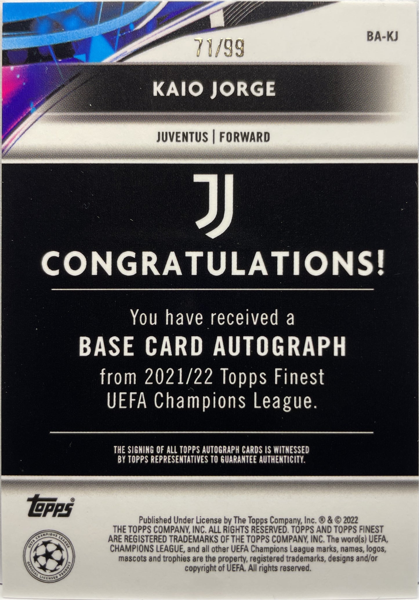 Kaio Jorge 71/99 Rookie Autograph Topps Finest UCL 2021/22
