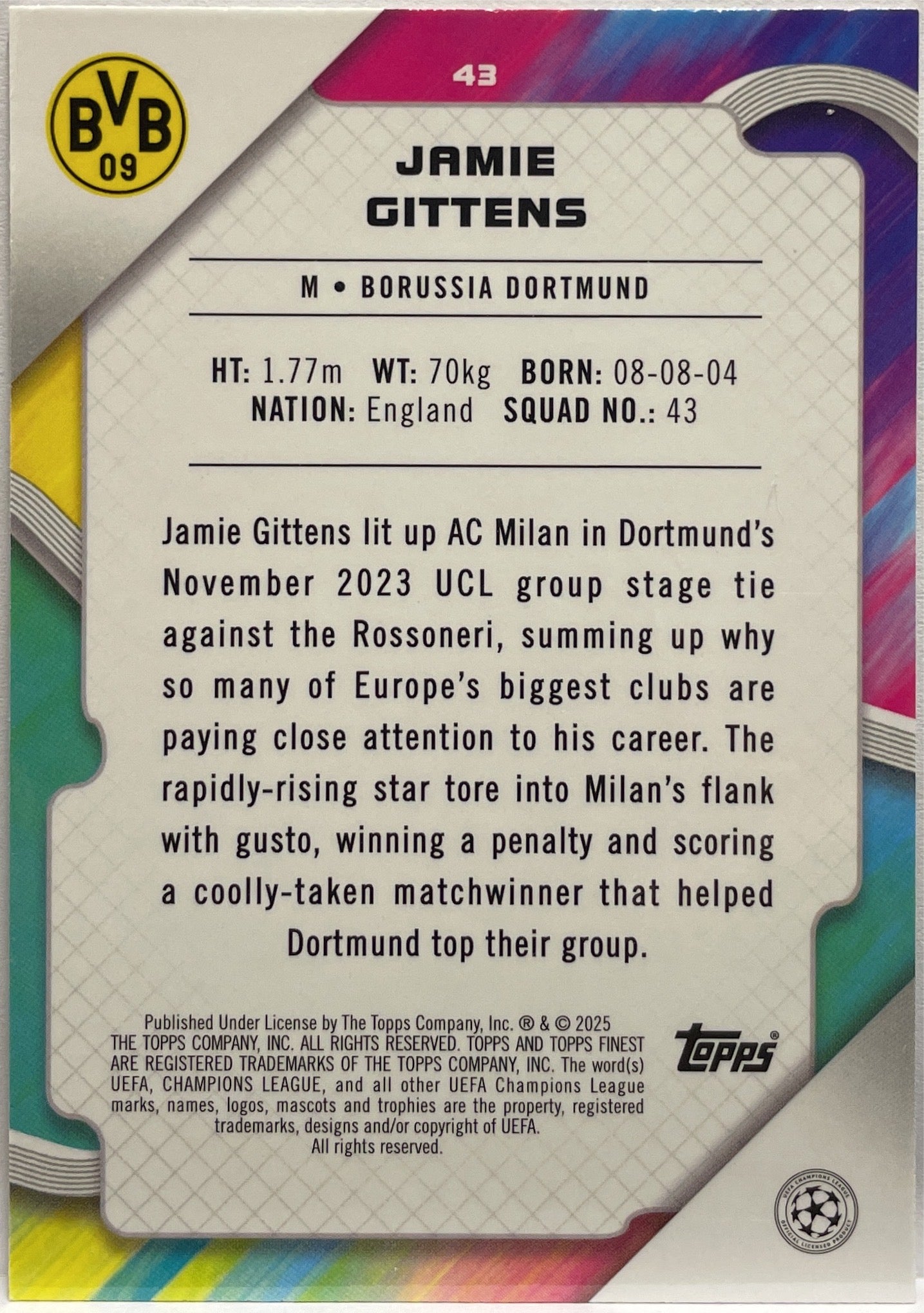 Jamie Gittens 167/275 Sky Blue Topps Finest UCC 2024/25