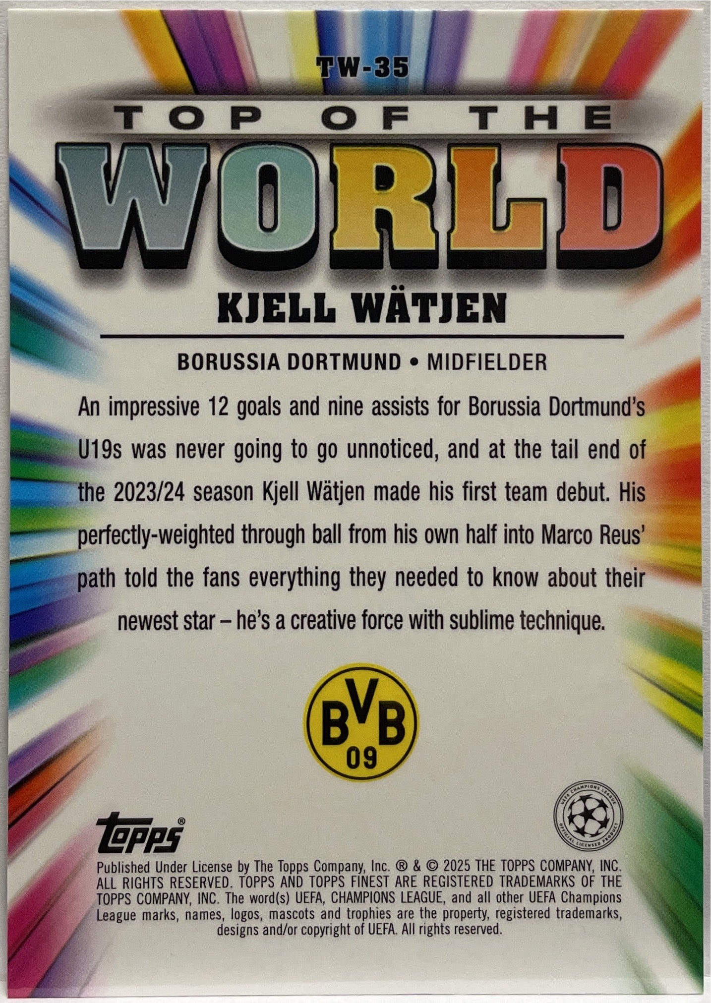 Kjell Watjen 2/299 Rookie Top Of The World Purple Topps Finest UCC 2024/25