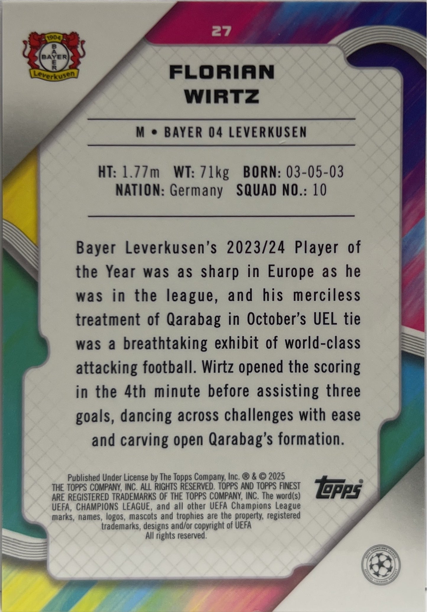 Florian Wirtz 2/10 Black Topps Finest UCC 2024/25