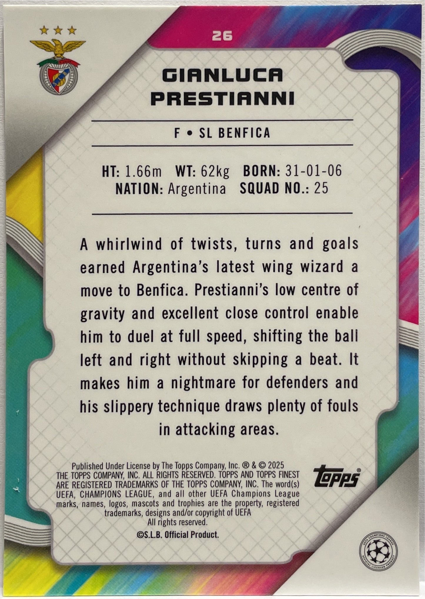 Gianluca Prestianni 275/299 Rookie Purple Topps Finest UCC 2024/25