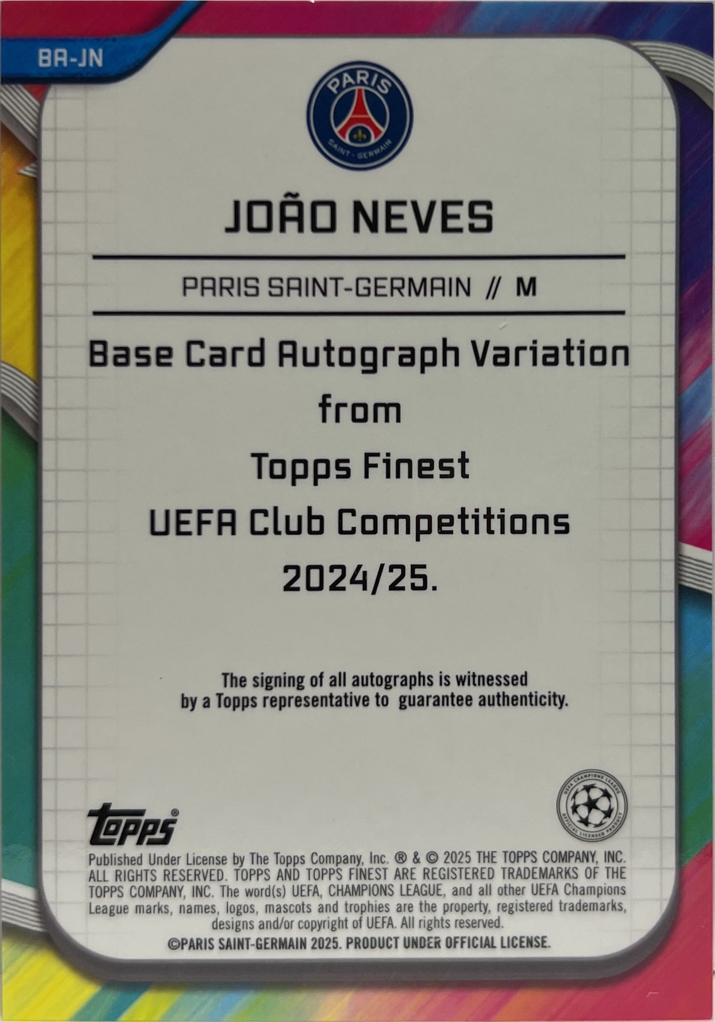 Joao Neves Autograph Topps Finest UCC 2024/25