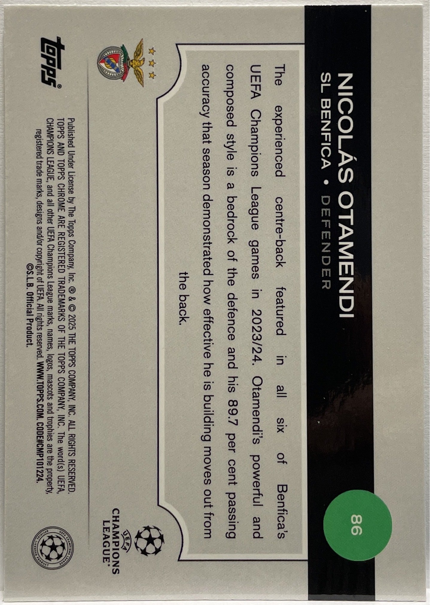 Nicolas Otamendi 20/199 Aqua Lava Topps Chrome UCC 2024/25