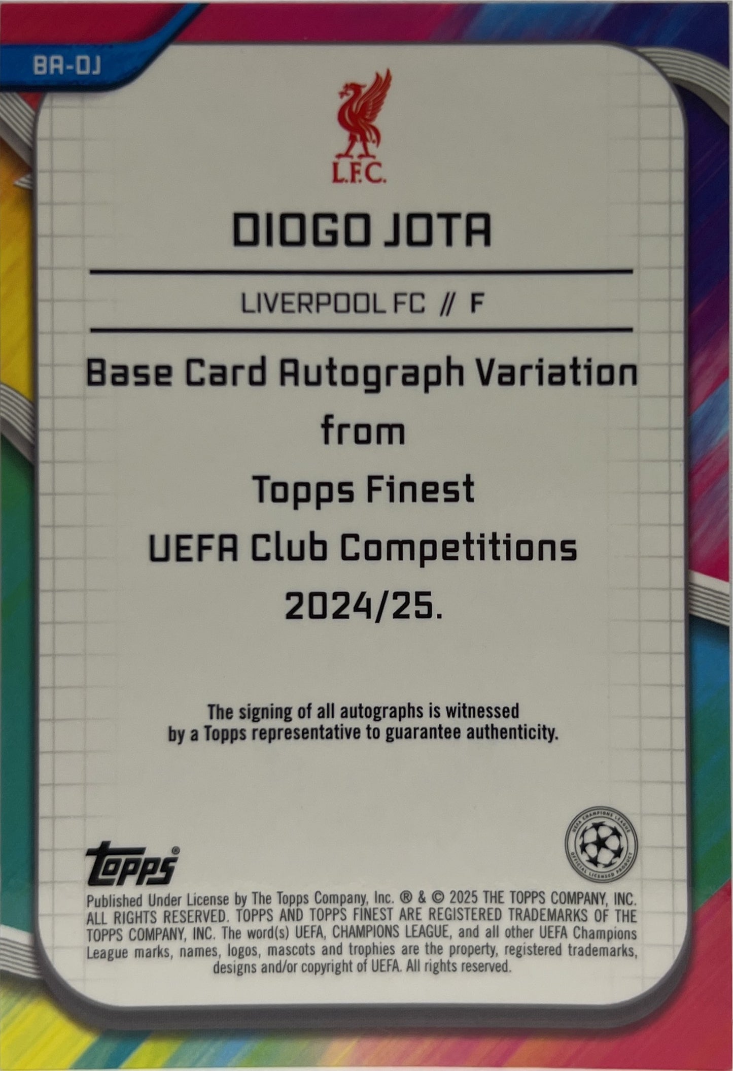 Diogo Jota 49/75 Autograph Magenta Wave Topps Finest UCC 2024/25