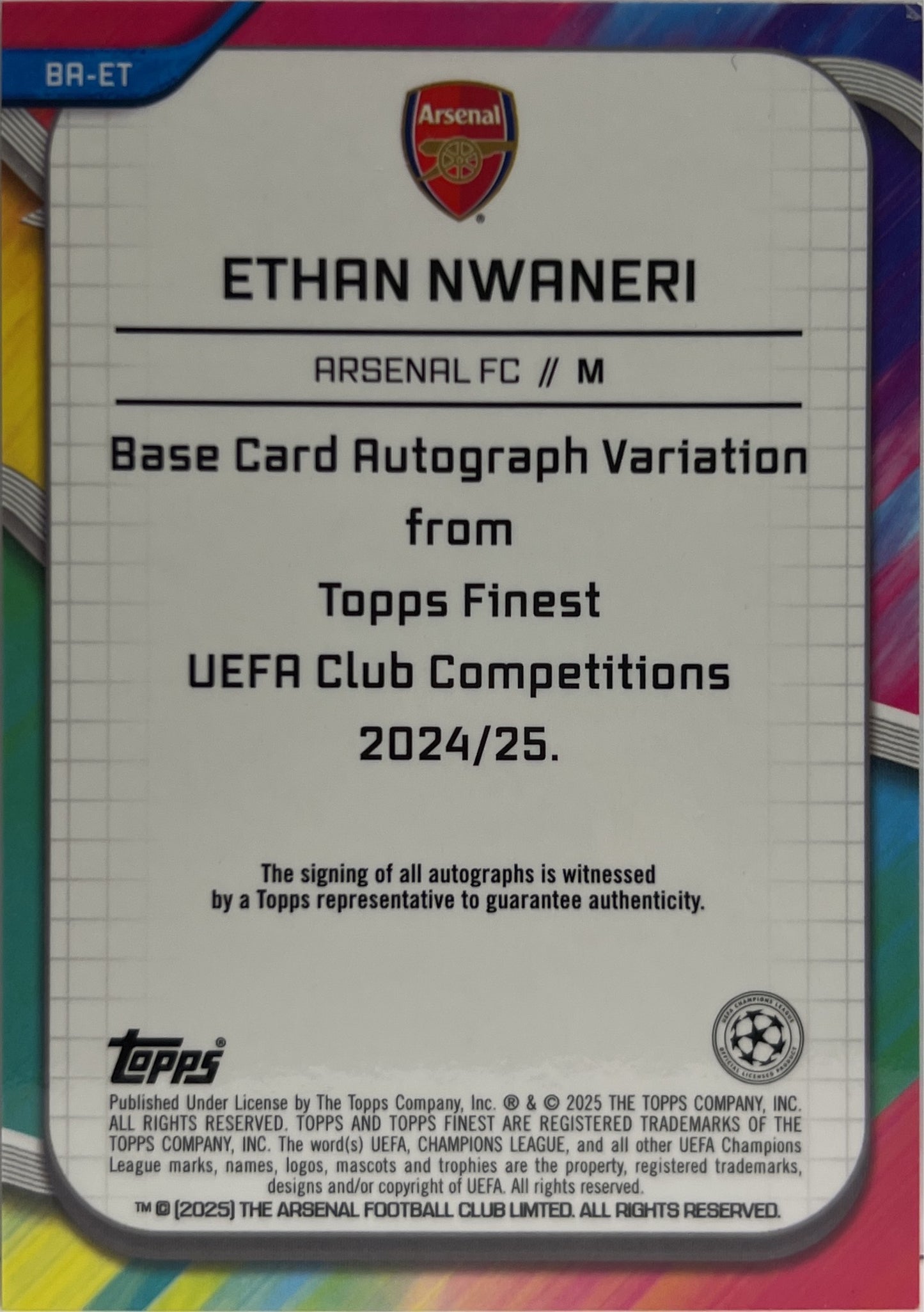 Ethan Nwaneri 20/299 Rookie Autograph Purple Topps Finest UCC 2024/25