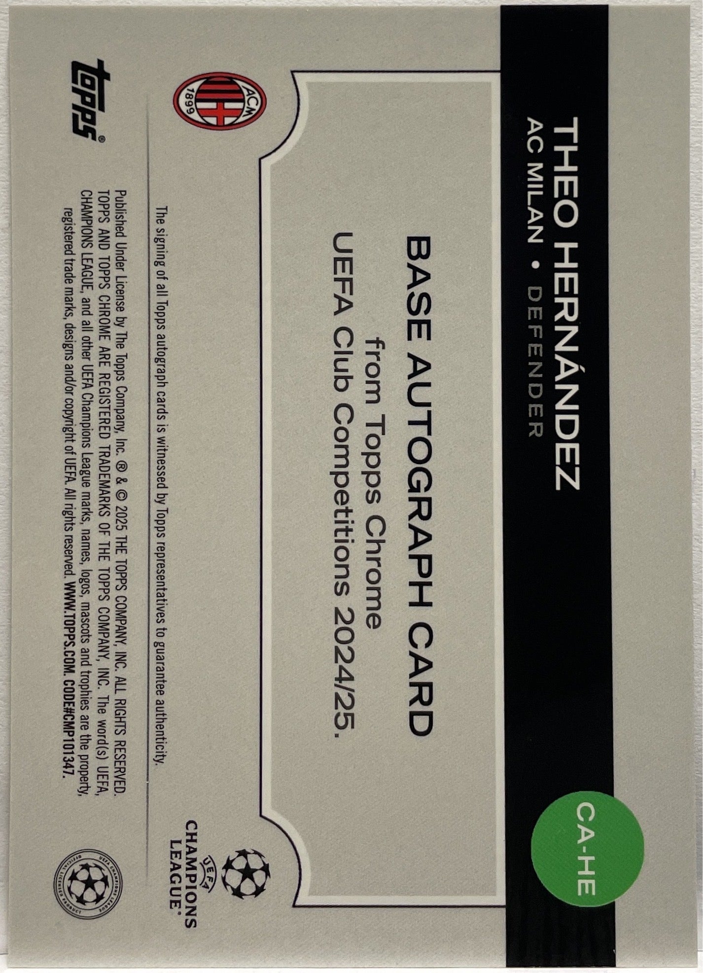 Theo Hernandez 7/10 Autograph Black Geometric Topps Chrome UCC 2024/25