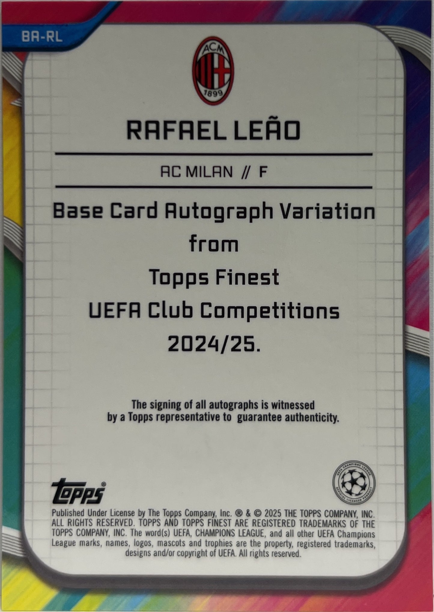 Rafael Leao 12/50 Autograph Gold Wave Topps Finest UCC 2024/25