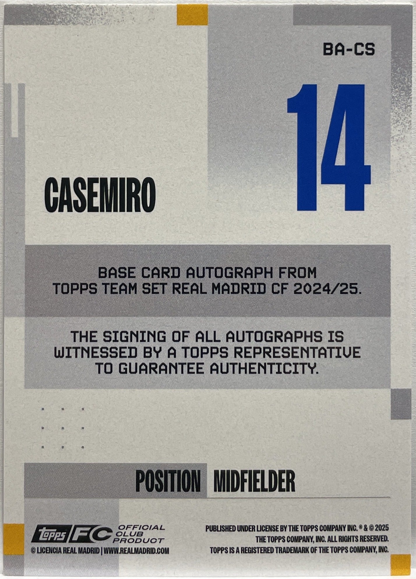 Casemiro 9/10 Autograph Topps Real Madrid Team Set 2024/25