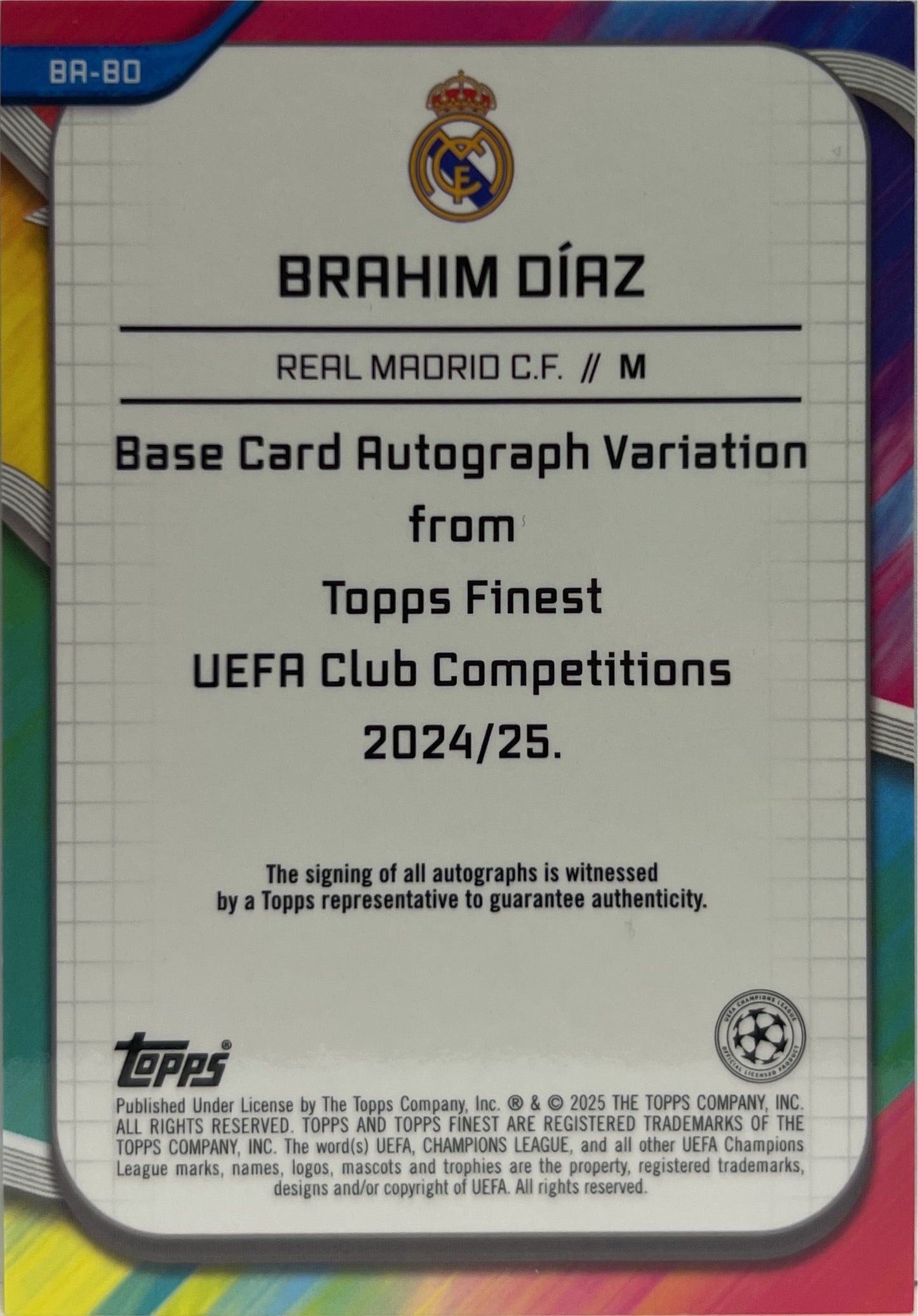 Brahim Diaz 73/99 Autograph Neon Green Wave Topps Finest UCC 2024/25