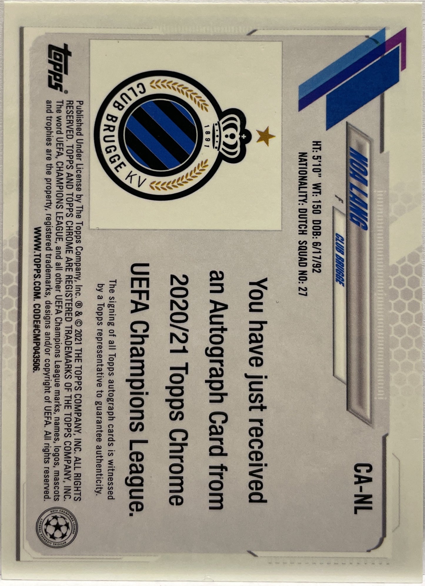 Noa Lang Rookie Autograph Topps Chrome Steve Aoki 2020/21