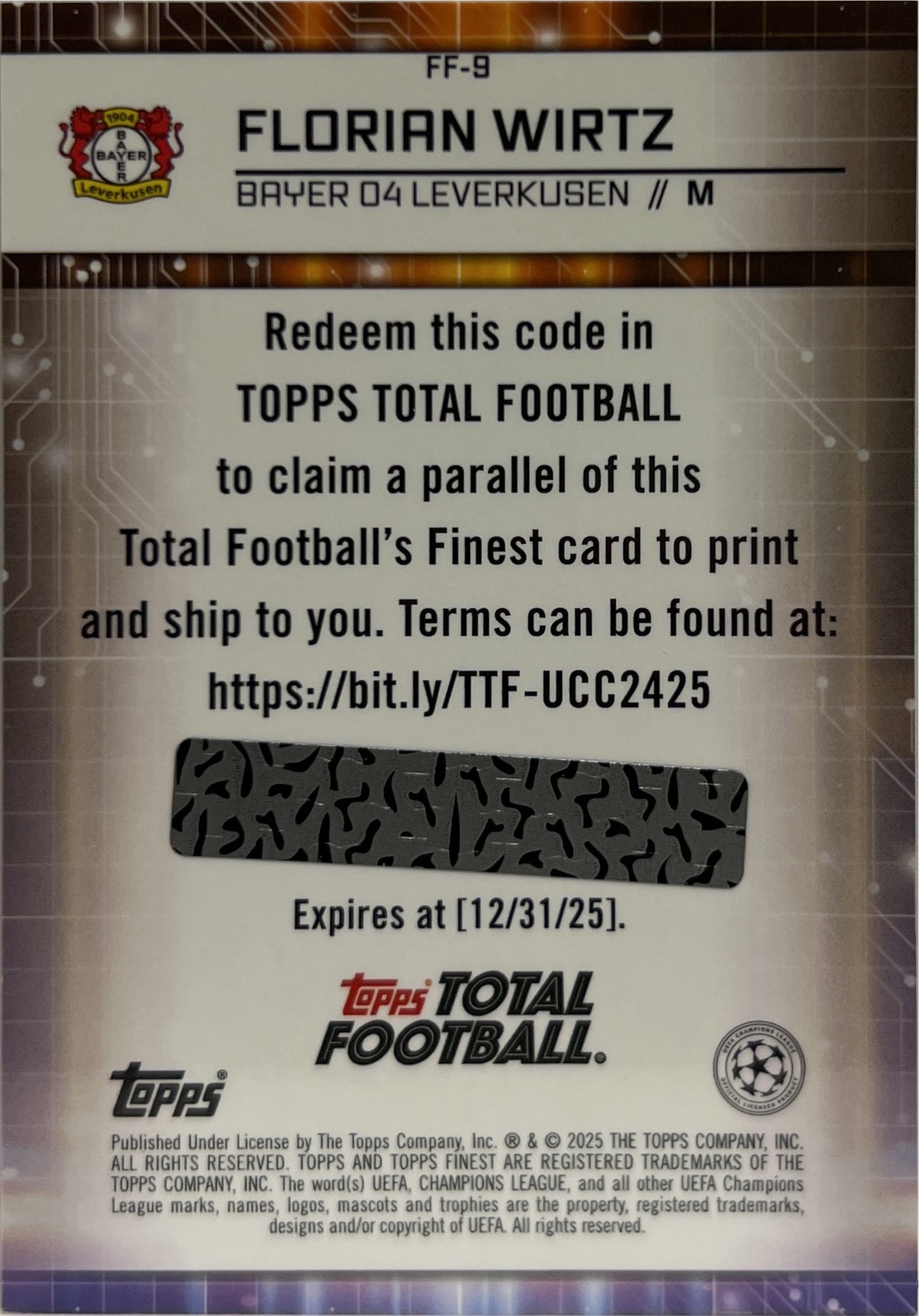Florian Wirtz Total Football Topps Finest UCC 2024/25 Redeem Code2