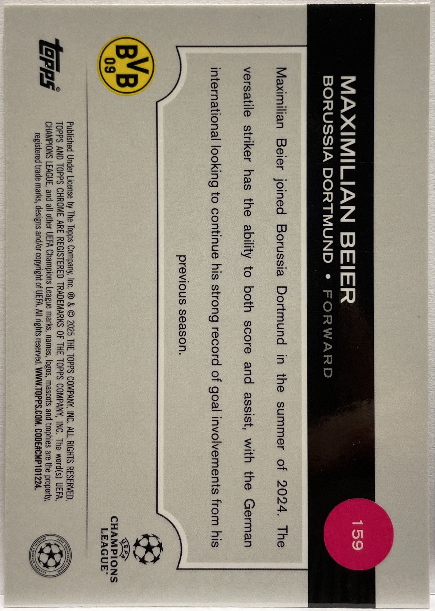 Maximilian Beier 72/175 Pink RayWave Topps Chrome UCC 2024/25