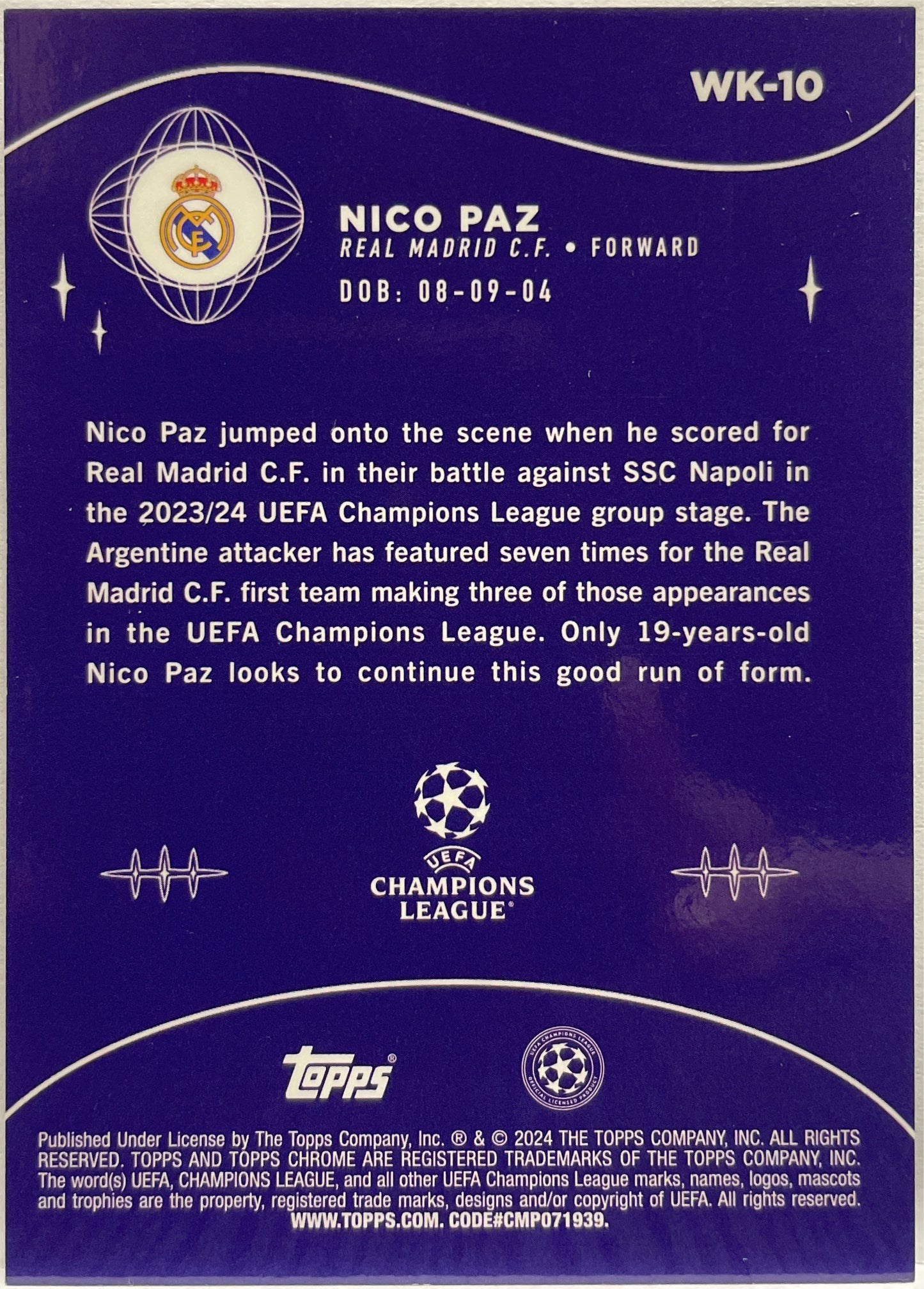 Nico Paz 37/75 Rookie Wonderkids Cracked Ice Topps Chrome UCC 2023/24