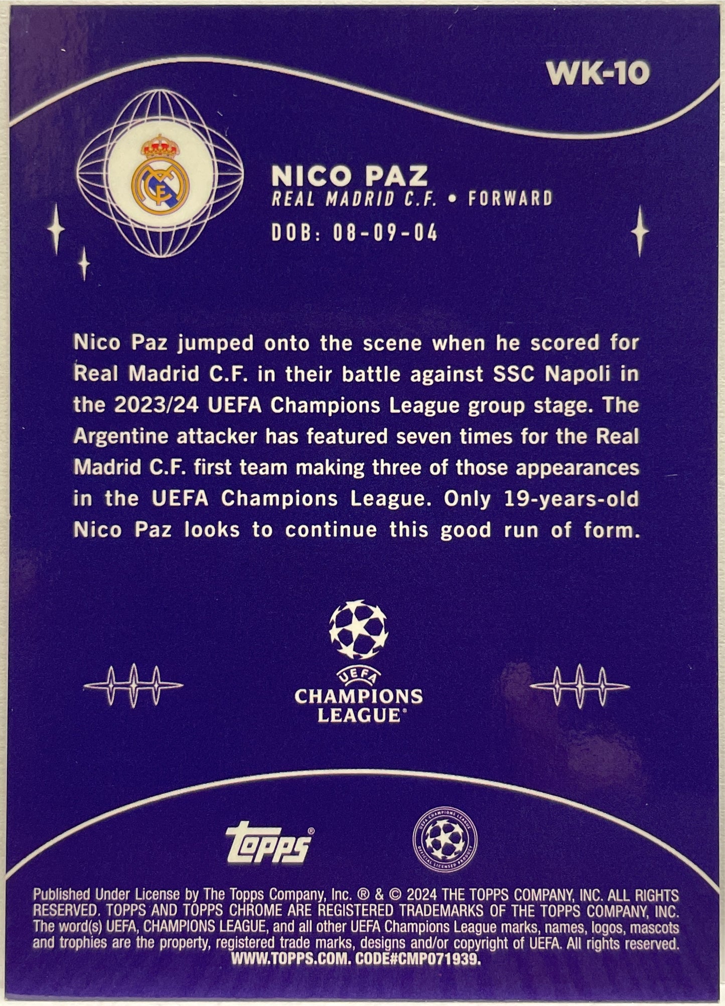 Nico Paz 59/75 Rookie Wonderkids Cracked Ice Topps Chrome UCC 2023/24