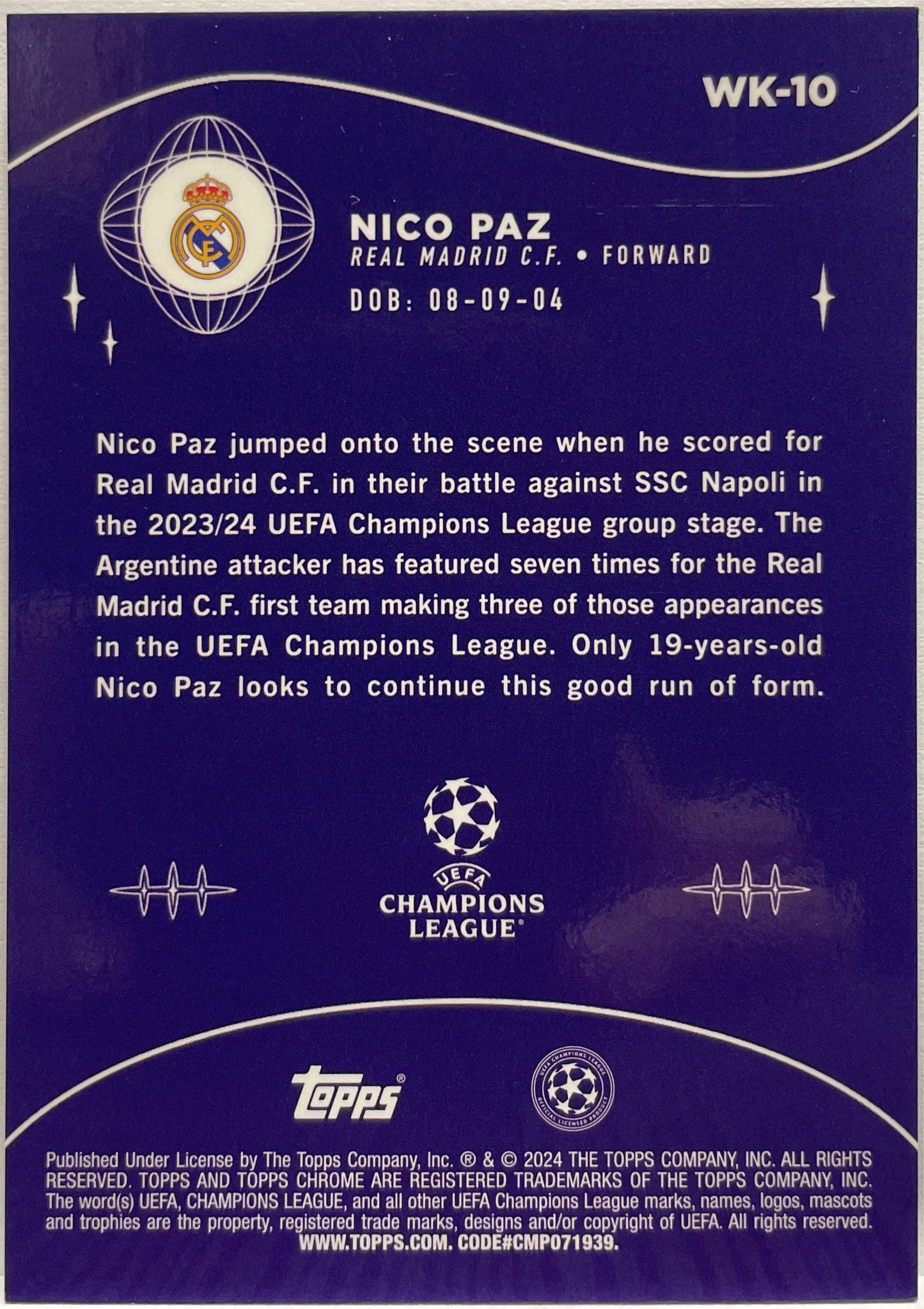 Nico Paz 5/99 Rookie Wonderkids Cracked Ice Topps Chrome UCC 2023/24