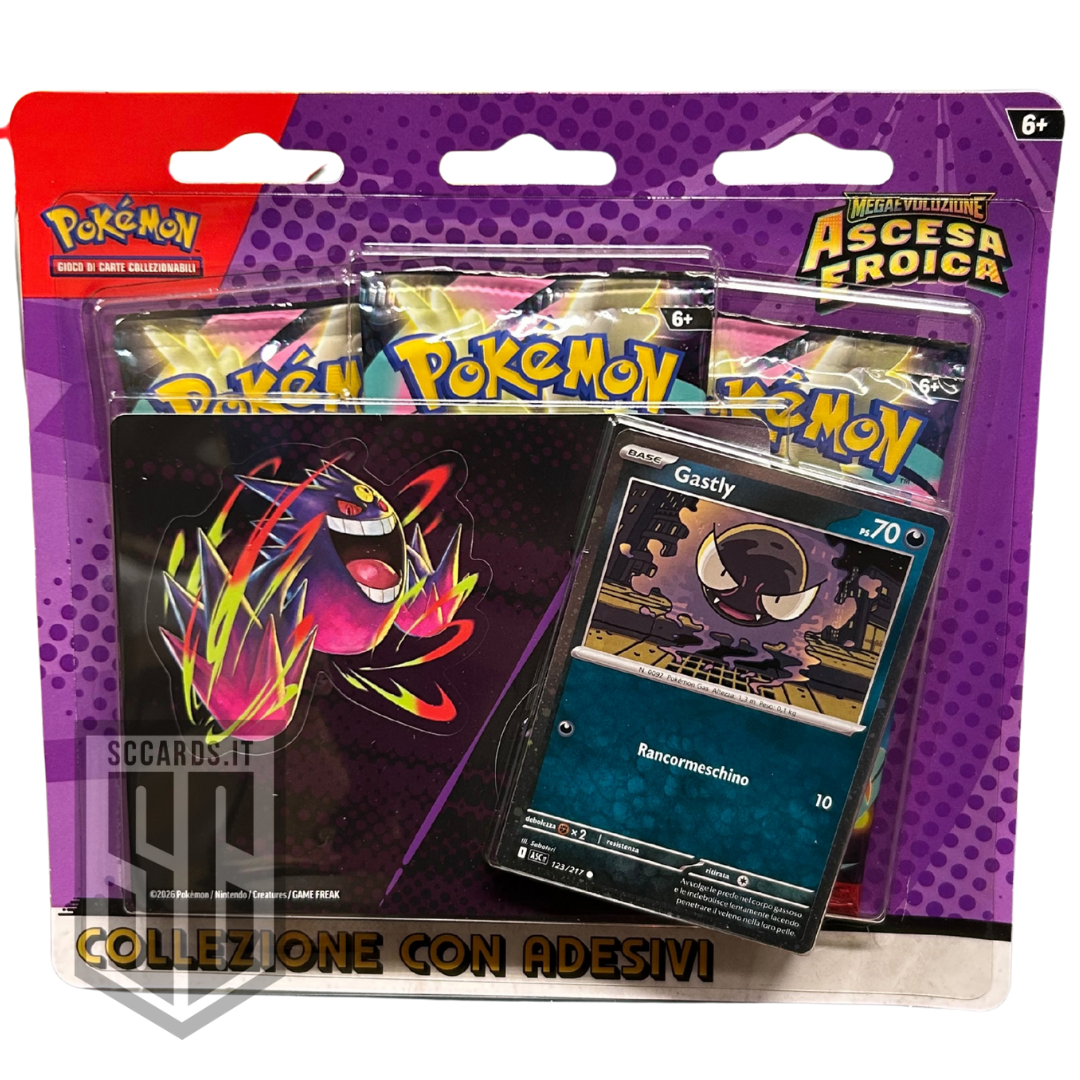 Pokemon Megaevoluzione Ascesa Eroica Blister 3 Buste Collezione con Adesivi Gastly & Charmander Box 2026 (ITA)