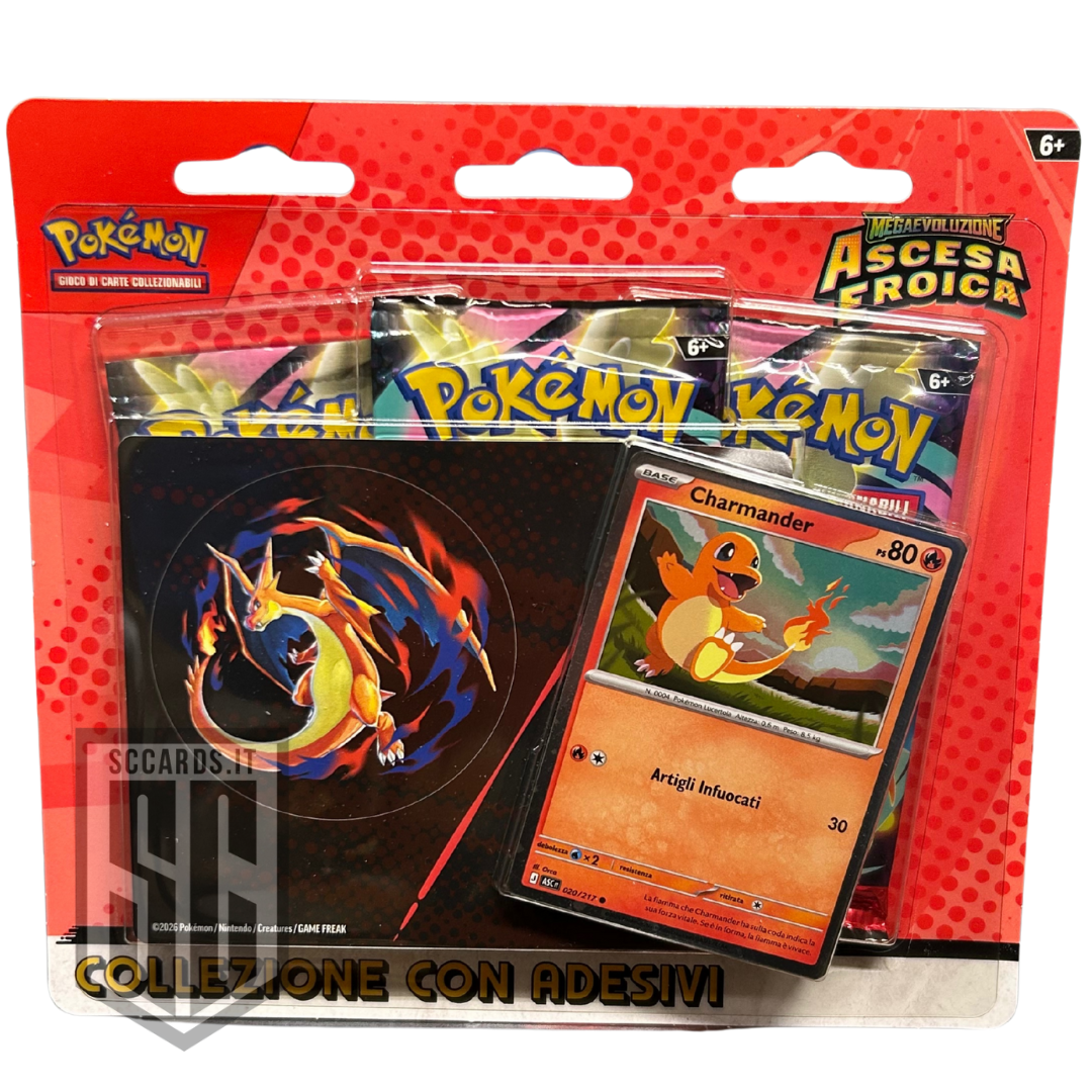 Pokemon Megaevoluzione Ascesa Eroica Blister 3 Buste Collezione con Adesivi Gastly & Charmander Box 2026 (ITA)