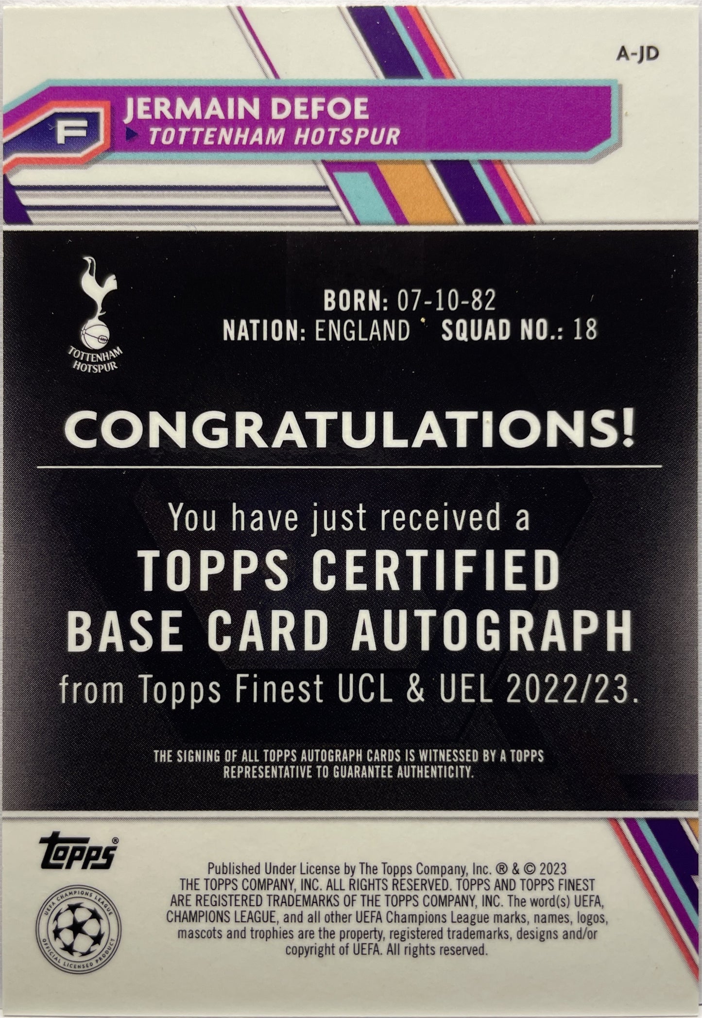 Jermain Defoe Autograph Topps Finest UCC 2022/23