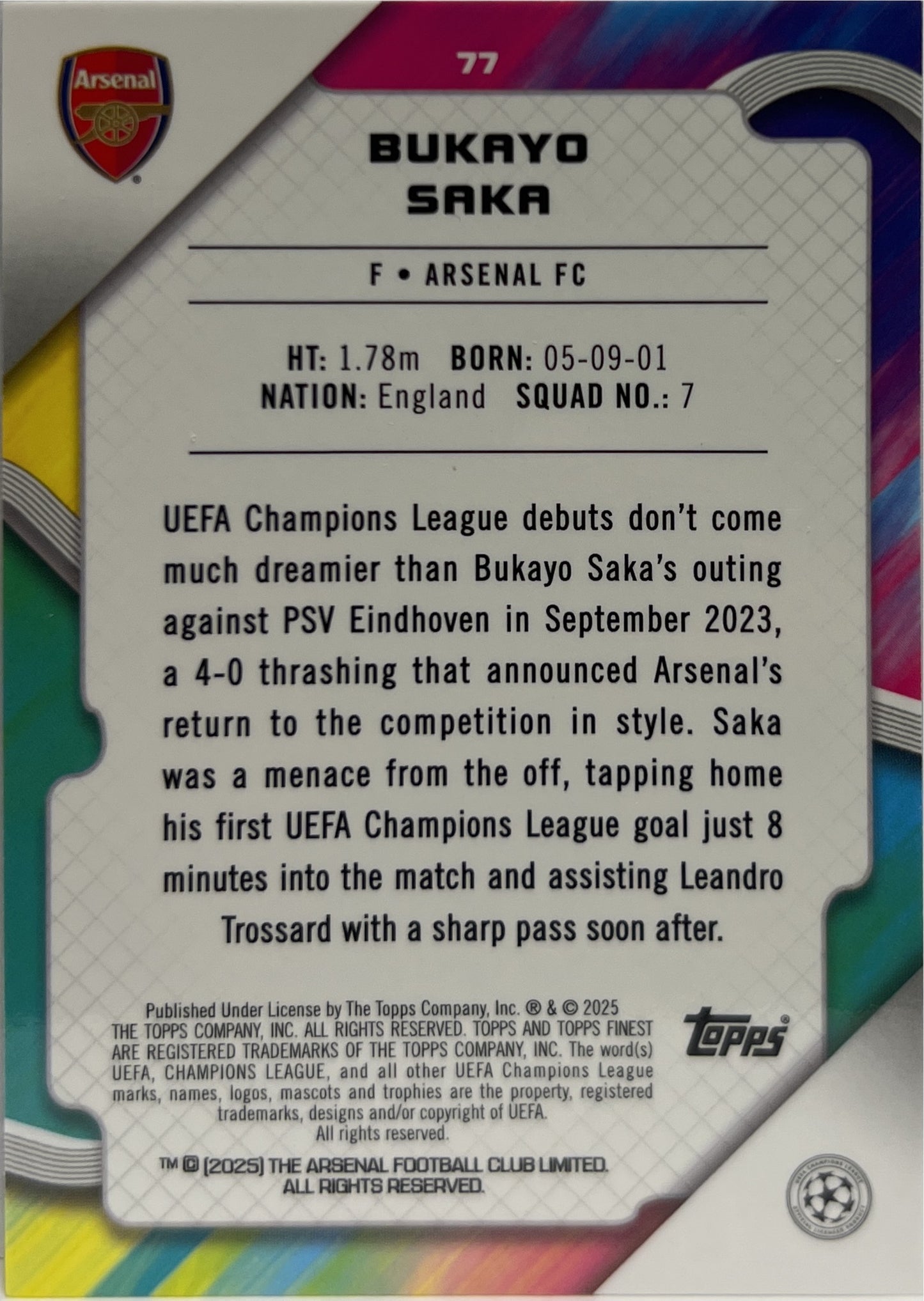 Bukayo Saka 270/299 Purple Topps Finest UCC 2024/25