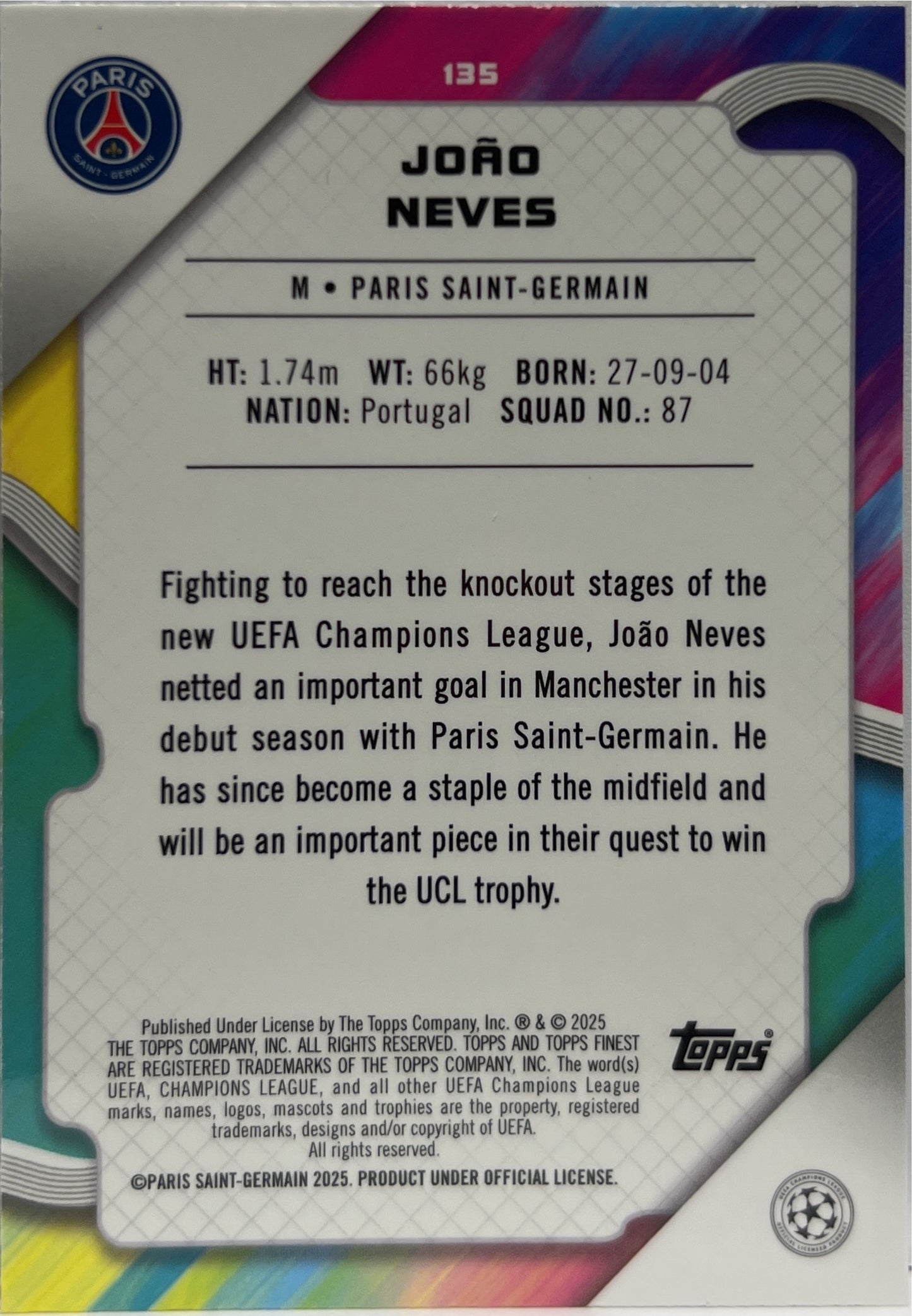 Joao Neves 23/275 Sky Blue Topps Finest UCC 2024/25