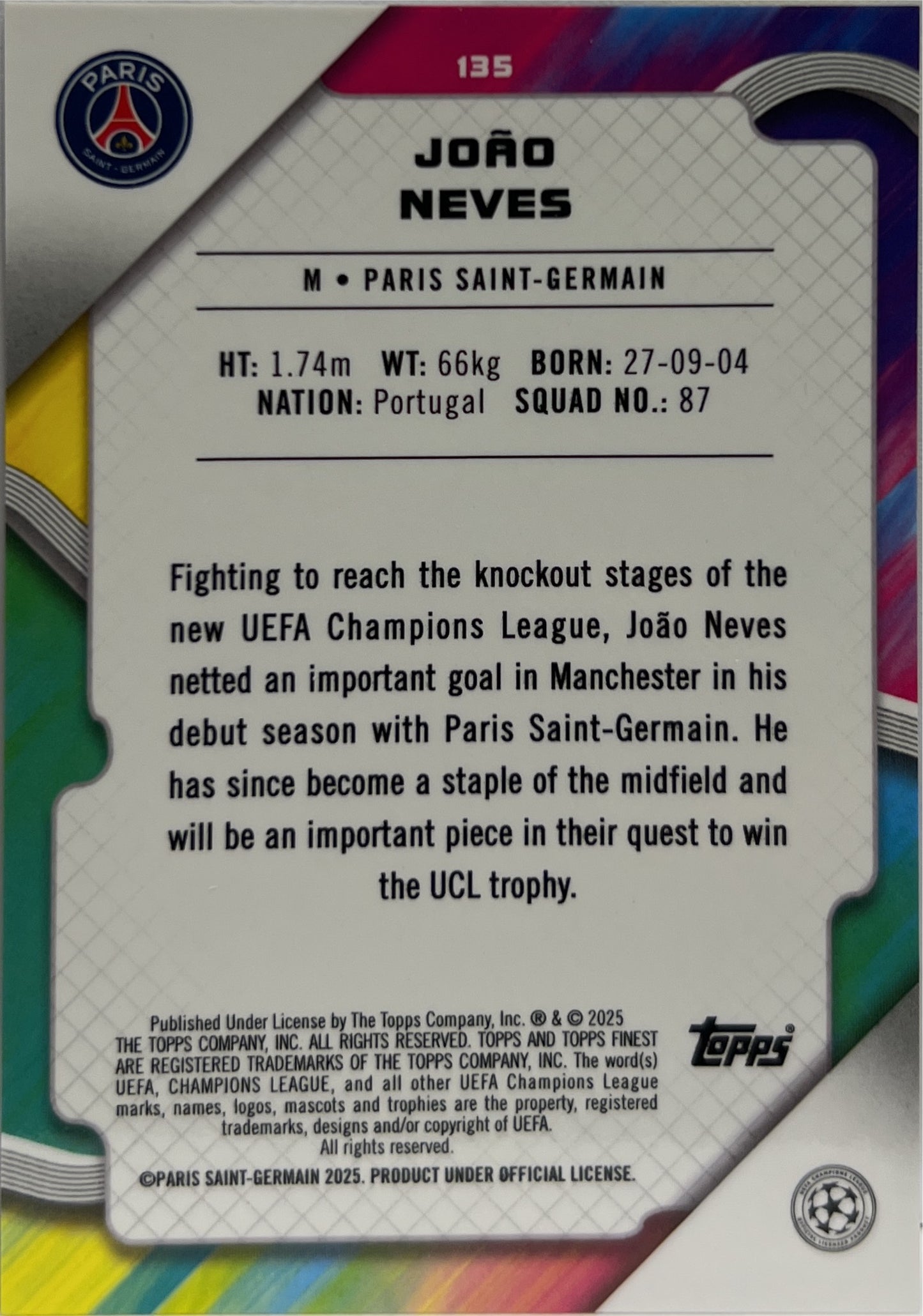 Joao Neves 44/50 Gold Topps Finest UCC 2024/25