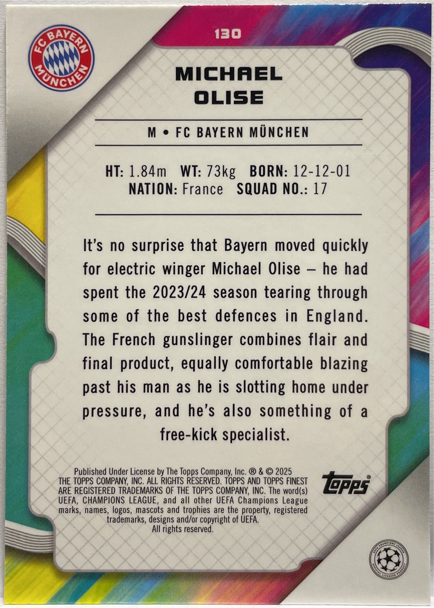 Michael Olise 11/150 Blue Raywave Topps Finest UCC 2024/25