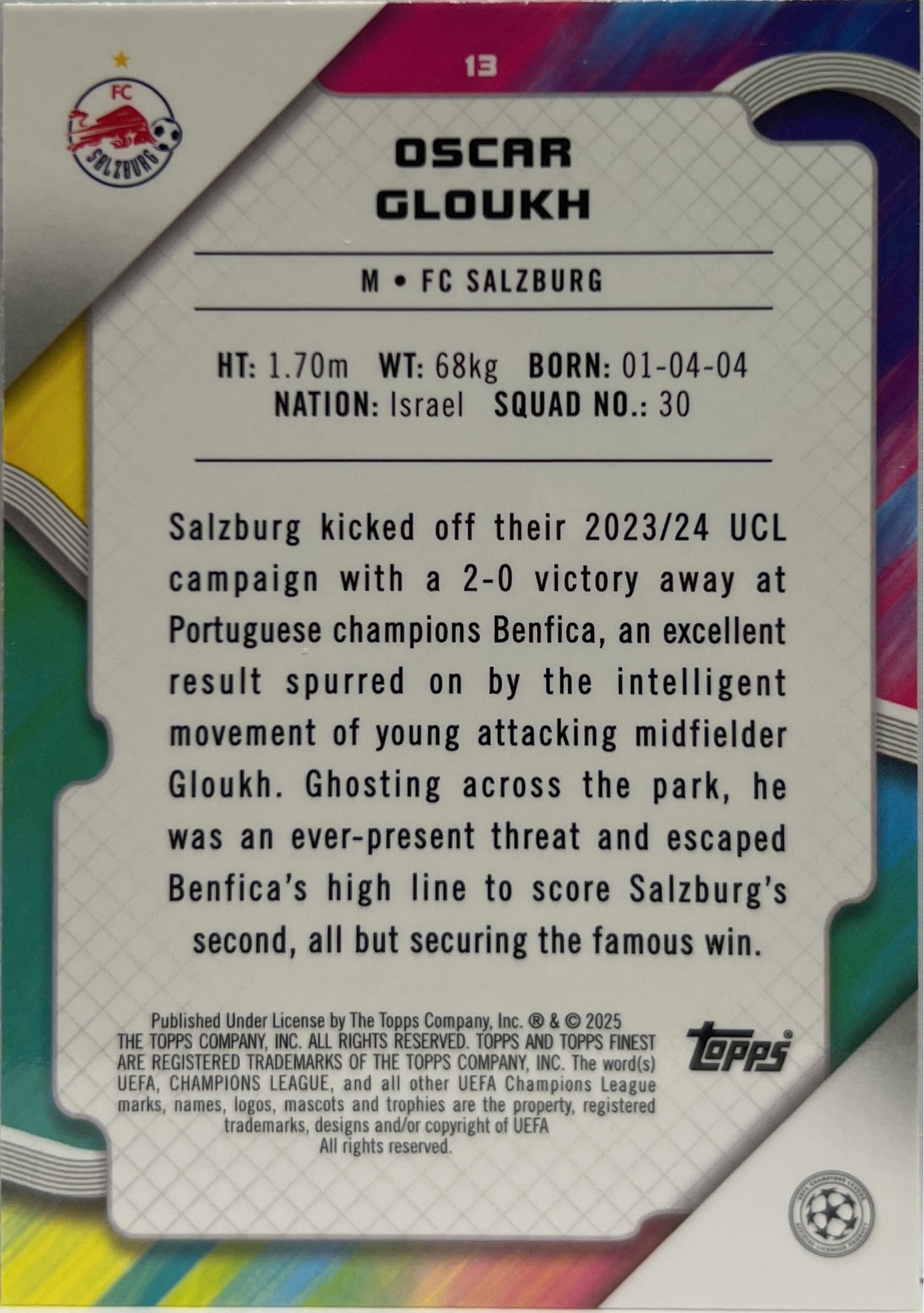 Oscar Gloukh 135/299 Purple Topps Finest UCC 2024/25